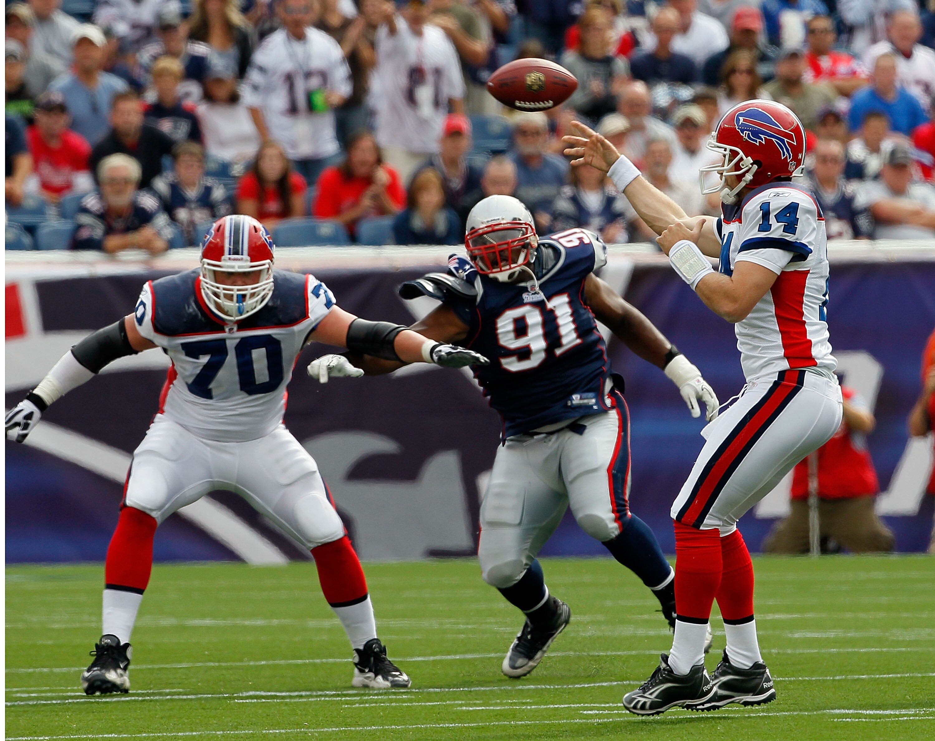 FOXBORO, MA - SEPTEMBER 26: Quarterback Ryan Fitzpatrick #14 of the Buffalo Bills passes the ball in the second half against the New England Patriots at Gillette Stadium on September 26, 2010 in Foxboro, Massachusetts. (Photo by Jim Rogash/Getty Images) FOXBORO, MA - SEPTEMBER 26: Quarterback Ryan Fitzpatrick #14 of the Buffalo Bills passes the ball in the second half against the New England Patriots at Gillette Stadium on September 26, 2010 in Foxboro, Massachusetts. (Photo by Jim Rogash/Getty Images)