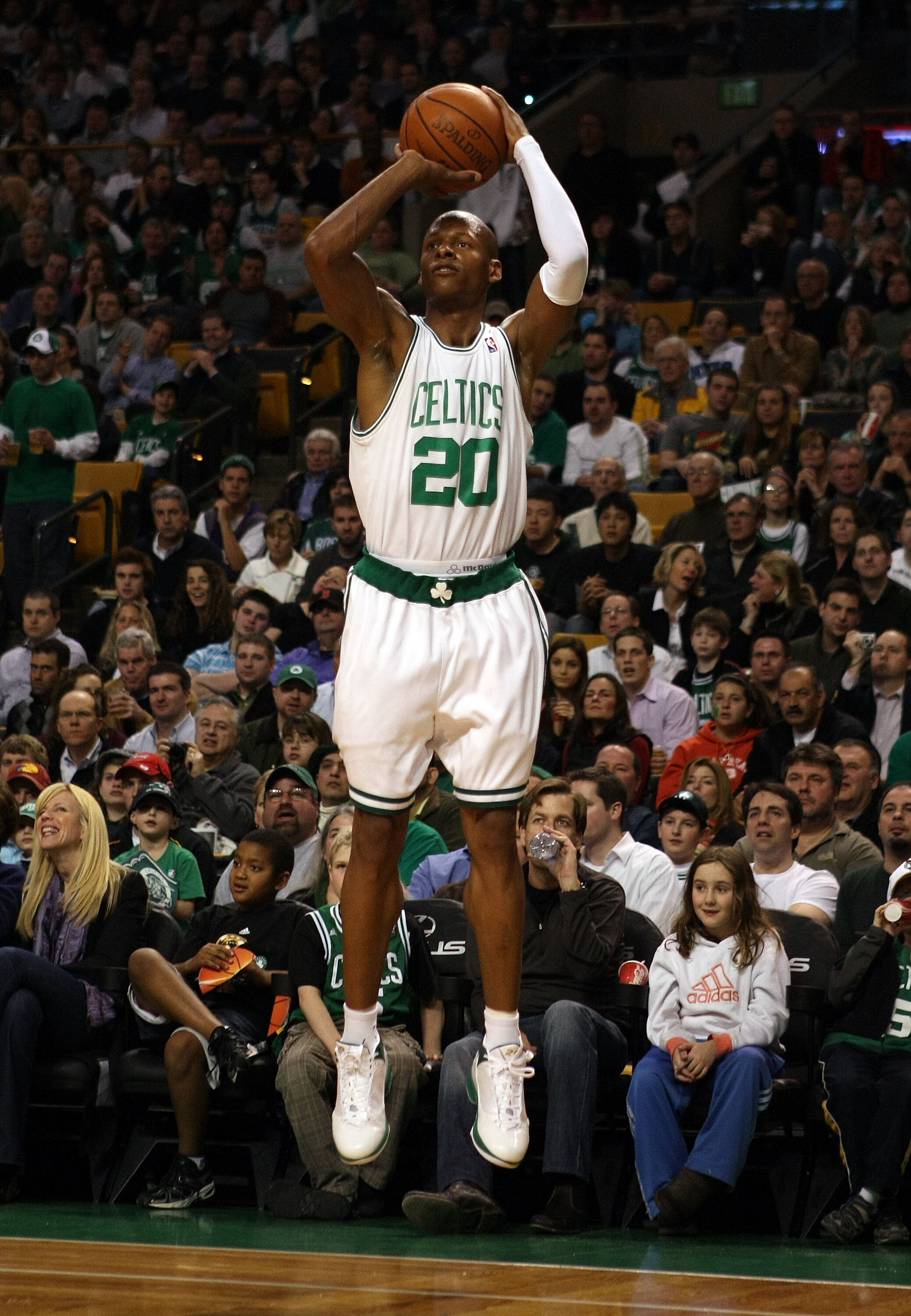 BOSTON - FEBRUARY 27:  Ray Allen #20 of the Boston Celtics takes a three point shot against the Indiana Pacers on February 27, 2009 at TD Banknorth Garden in Boston, Massachusetts.The Celtics defeated the Pacers 104-99. NOTE TO USER: User expressly acknow