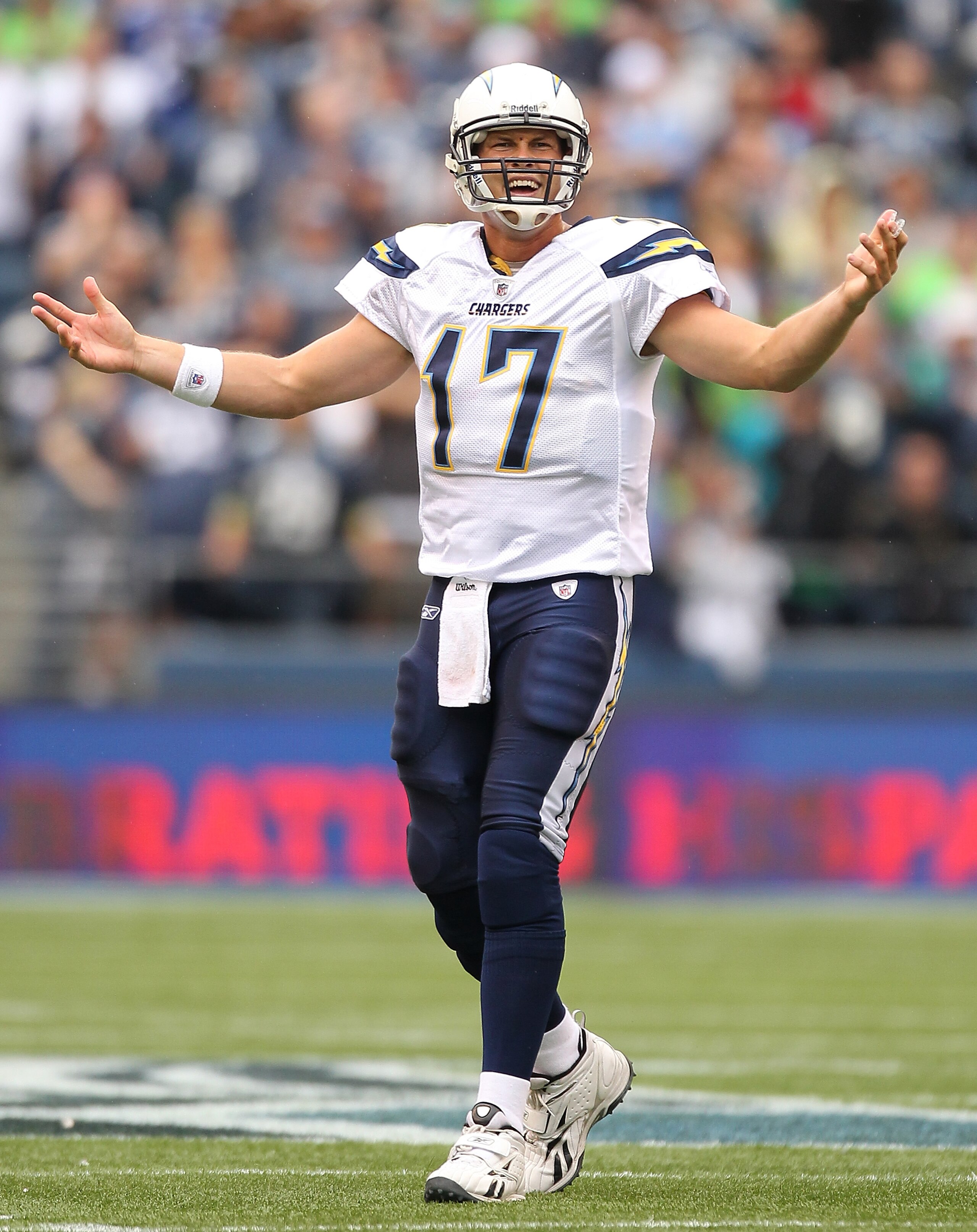 SEATTLE - SEPTEMBER 26:  Quarterback Philip Rivers #17 of the San Diego Chargers questions a penalty call during the game against the Seattle Seahawks at Qwest Field on September 26, 2010 in Seattle, Washington. The Seahawks defeated the Chargers 27-20.(P