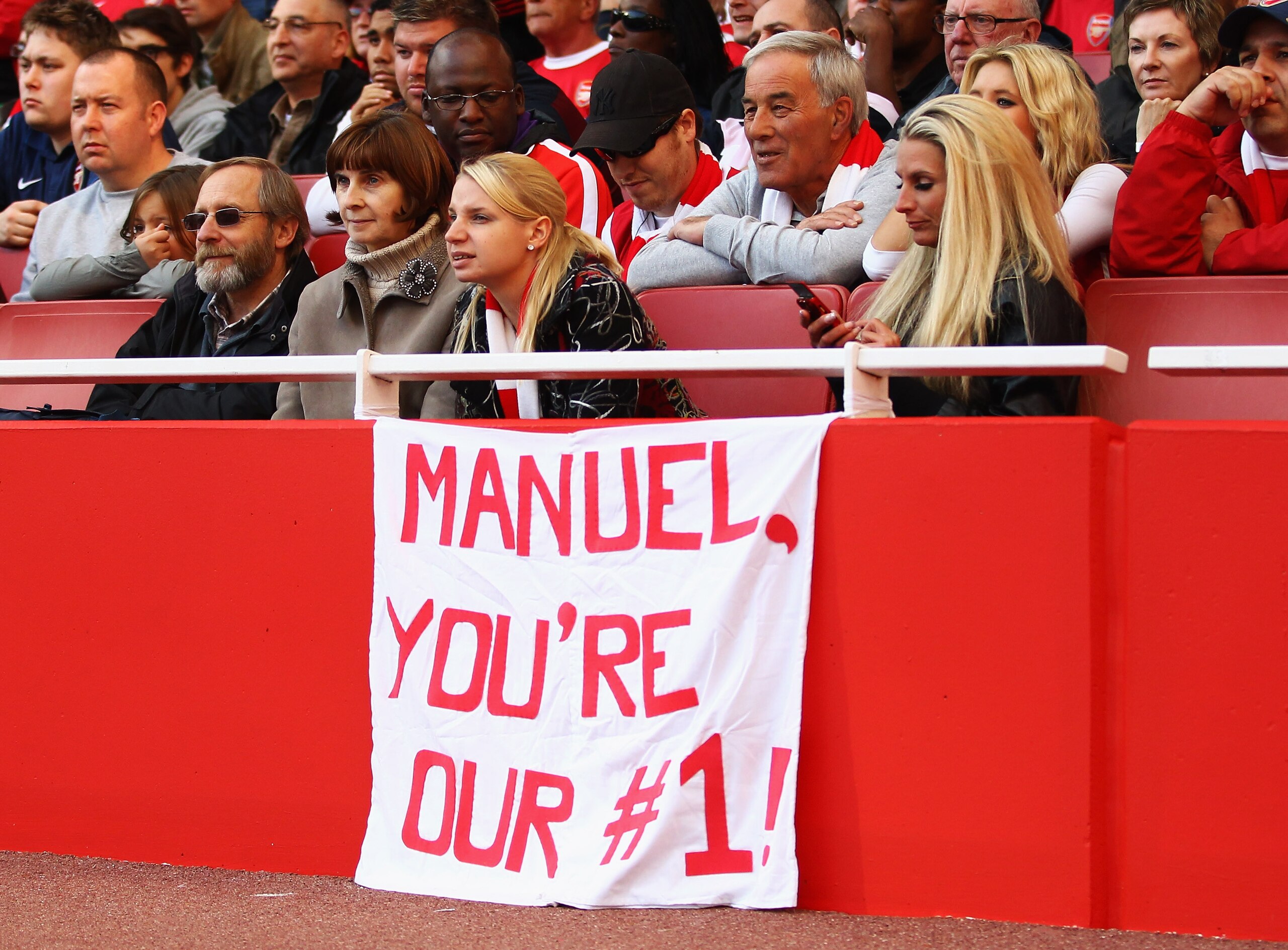 LONDON, ENGLAND - SEPTEMBER 25:  A banner in support of Arsenal goalkeeper Manuel Almunia during the Barclays Premier League match between Arsenal and West Bromwich Albion at the Emirates Stadium on September 25, 2010 in London, England.  (Photo by Julian