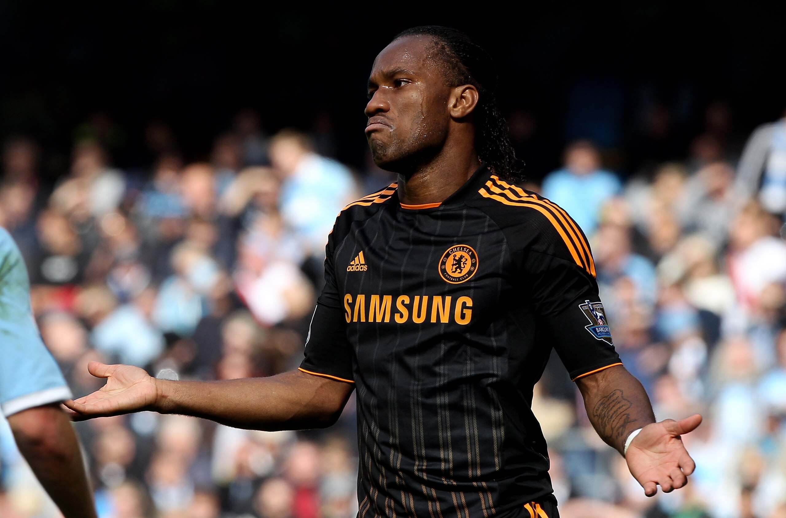 MANCHESTER, ENGLAND - SEPTEMBER 25:  Didier Drogba of Chelsea reacts during the Barclays Premier League match between Manchester City and Chelsea at the City of Manchester Stadium on September 25, 2010 in Manchester, England.  (Photo by Michael Steele/Get