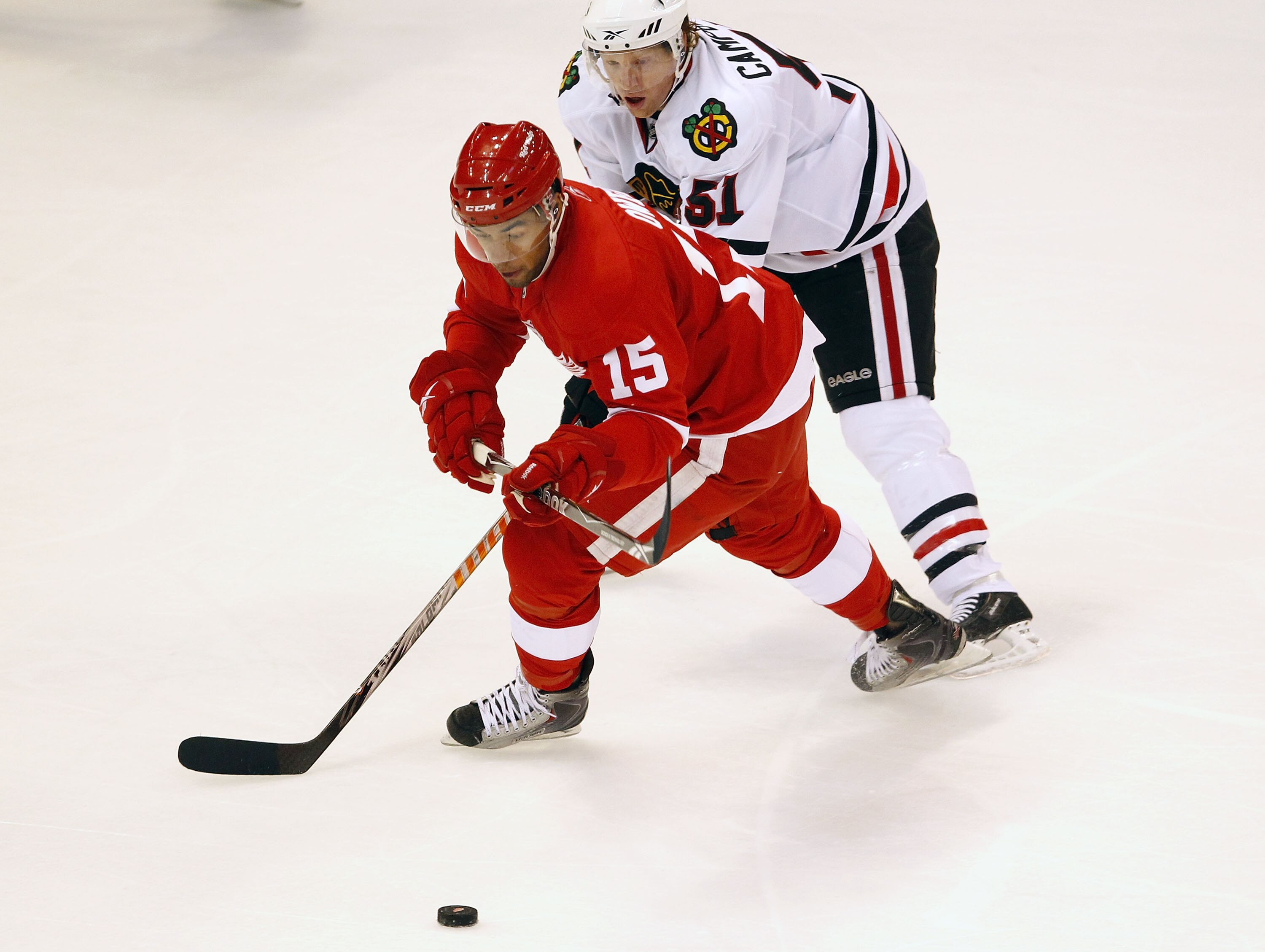 DETROIT - SEPTEMBER 24: Jordan Owens of the Detroit Red Wings tries to get around the stick of Brian Campbell #51 of the Chicago Blackhawks during a pre season game on September 24, 2010 at Joe Louis Arena in Detroit, Michigan.  (Photo by Gregory Shamus/G