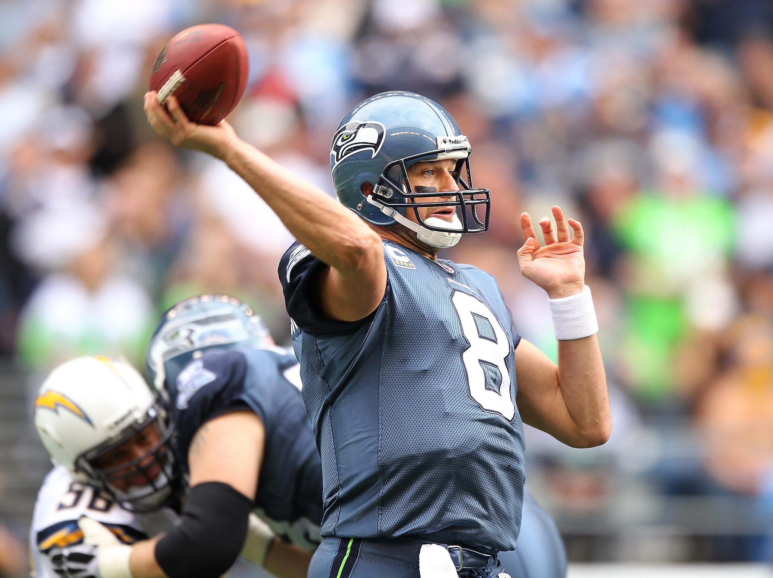 SEATTLE - SEPTEMBER 26:  Quarterback Matt Hasselbeck #8 of the Seattle Seahawks passes against the San Diego Chargers at Qwest Field on September 26, 2010 in Seattle, Washington. The Seahawks defeated the Chargers 27-20. (Photo by Otto Greule Jr/Getty Ima