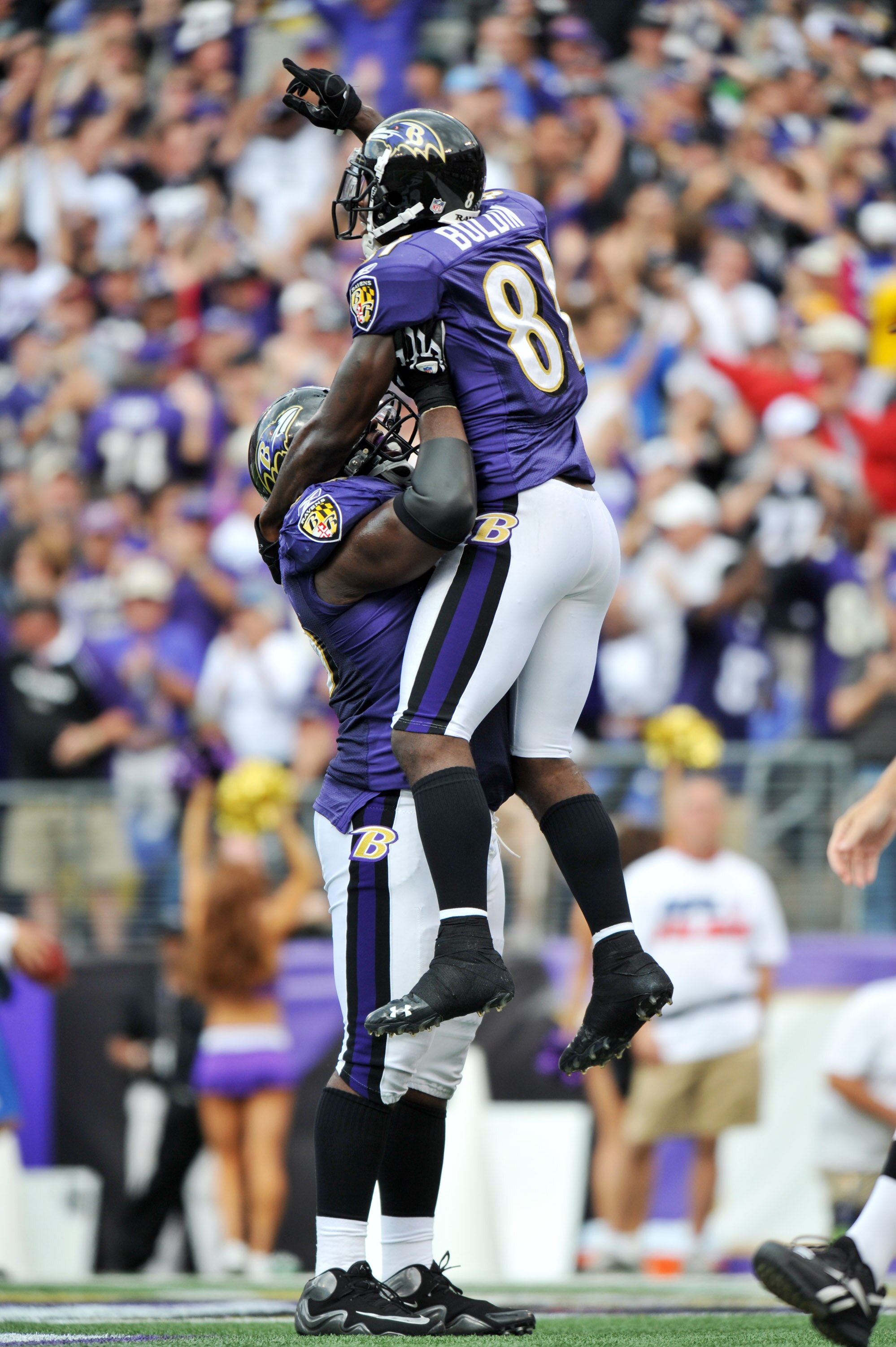 BALTIMORE - SEPTEMBER 26: Anquan Boldin #81 of the Baltimore Ravens celebrates one of his three touchdowns against the Cleveland Browns at M&T Bank Stadium on September 26, 2010 in Baltimore, Maryland. The Ravens defeated the Browns 24-17. (Photo by Lar BALTIMORE - SEPTEMBER 26: Anquan Boldin #81 of the Baltimore Ravens celebrates one of his three touchdowns against the Cleveland Browns at M&T Bank Stadium on September 26, 2010 in Baltimore, Maryland. The Ravens defeated the Browns 24-17. (Photo by Lar