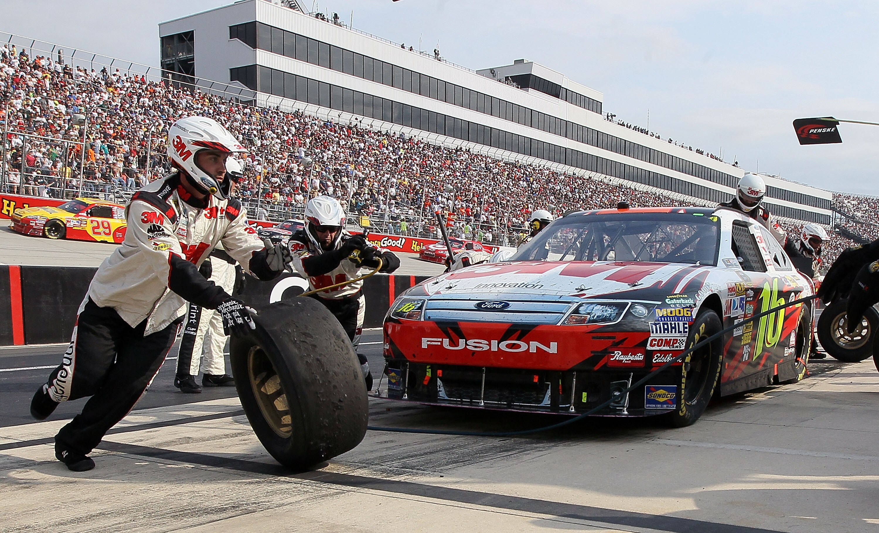 DOVER, DE - SEPTEMBER 26:  Greg Biffle, driver of the #16 3M Ford, pits during the NASCAR Sprint Cup Series AAA 400 at Dover International Speedway on September 26, 2010 in Dover, Delaware.  (Photo by Jim McIsaac/Getty Images for NASCAR)