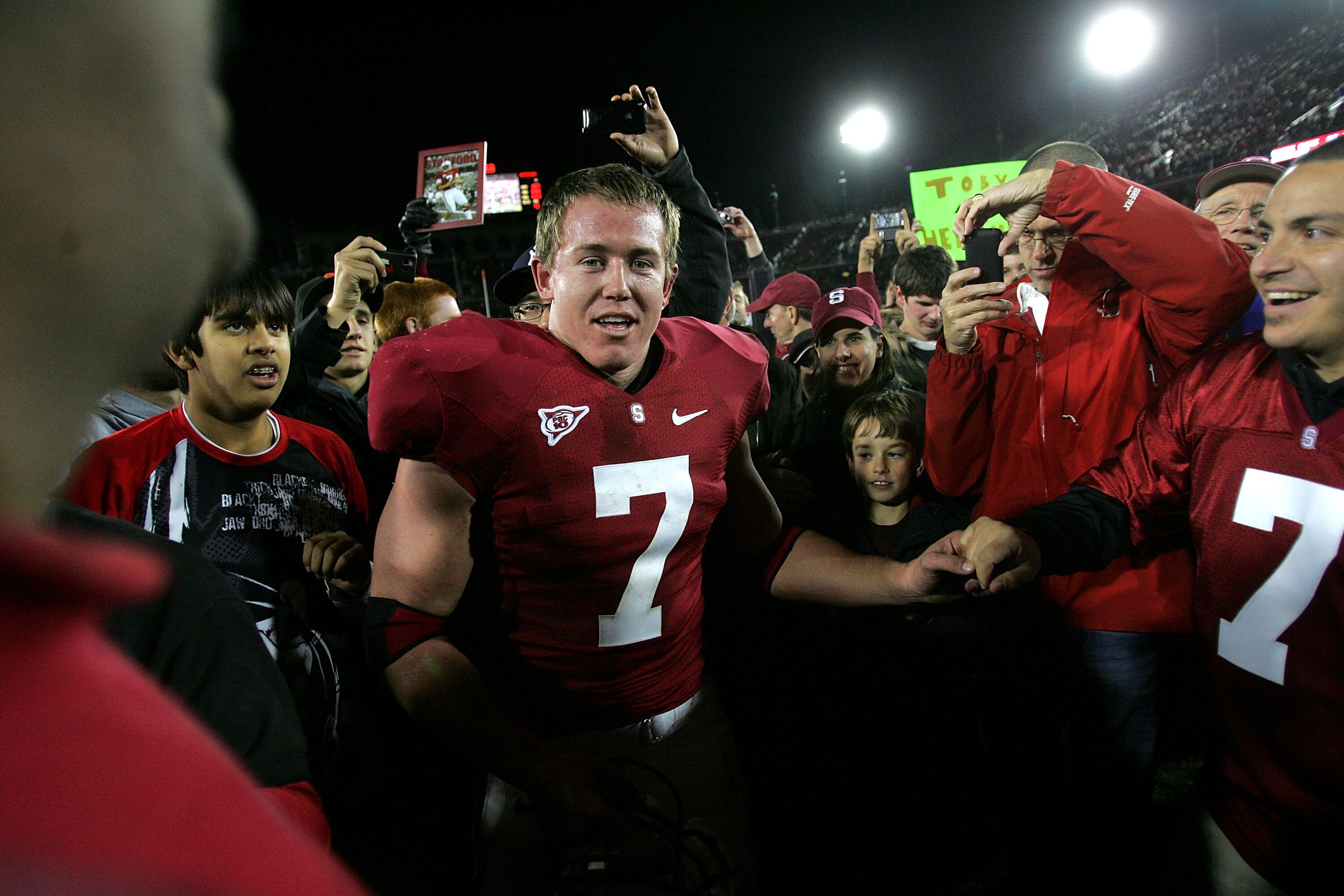 PALO ALTO, CA - NOVEMBER 28:  Toby Gerhart #7 of the Stanford Cardinal is congratulated by fans after they beat the Notre Dame Fighting Irish at Stanford Stadium on November 28, 2009 in Palo Alto, California.  (Photo by Ezra Shaw/Getty Images)