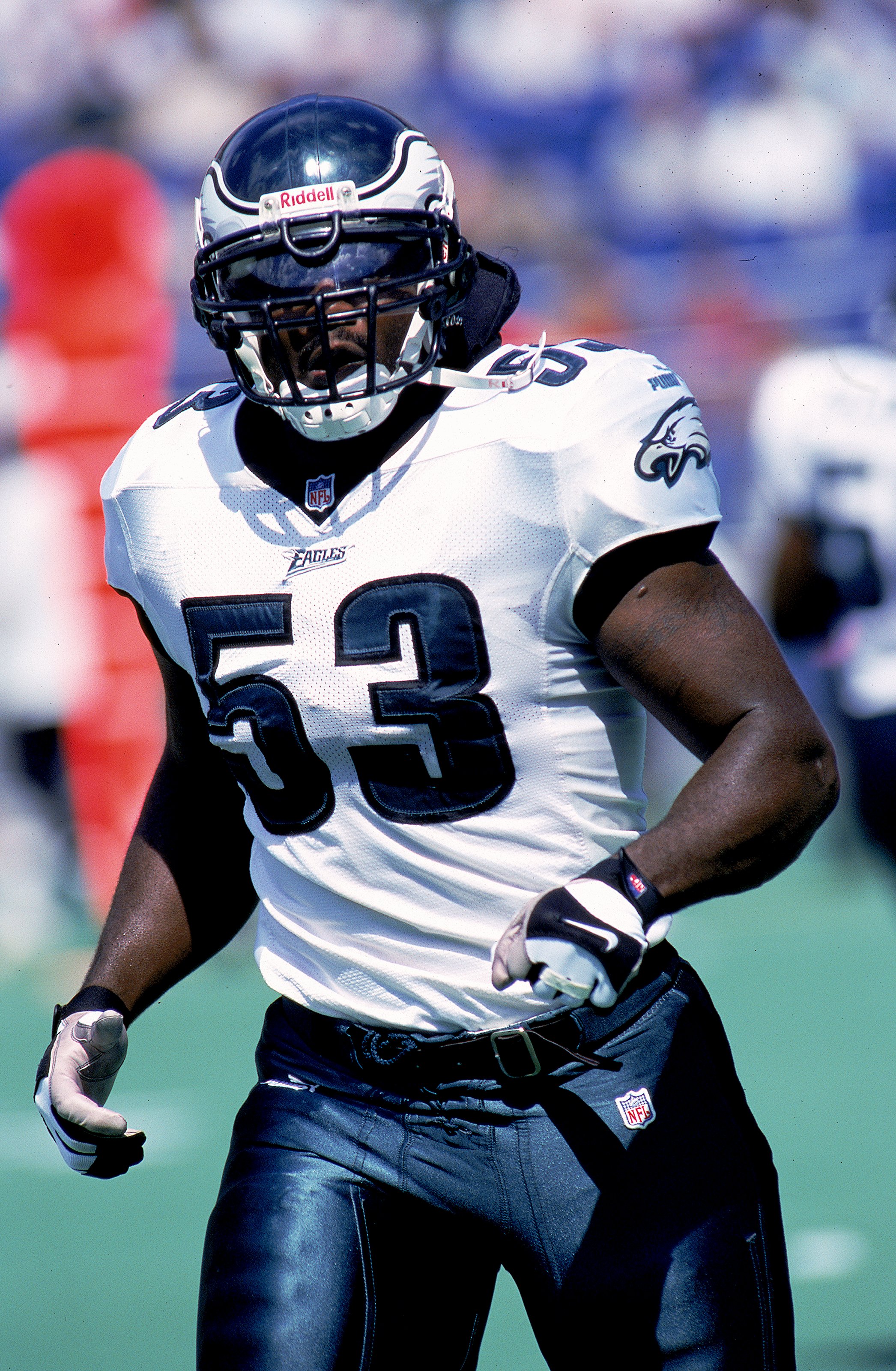 12 Sep 1999: Hugh Douglas #53 of the Philadelphia Eagles runs on the field during the game against the Arizona Cardinals at the Veterans Stadium in Philadelphia, Pennsylvania. The Cardinals defeated the Eagles 25-24. Mandatory Credit: Rick Stewart  /Allsp