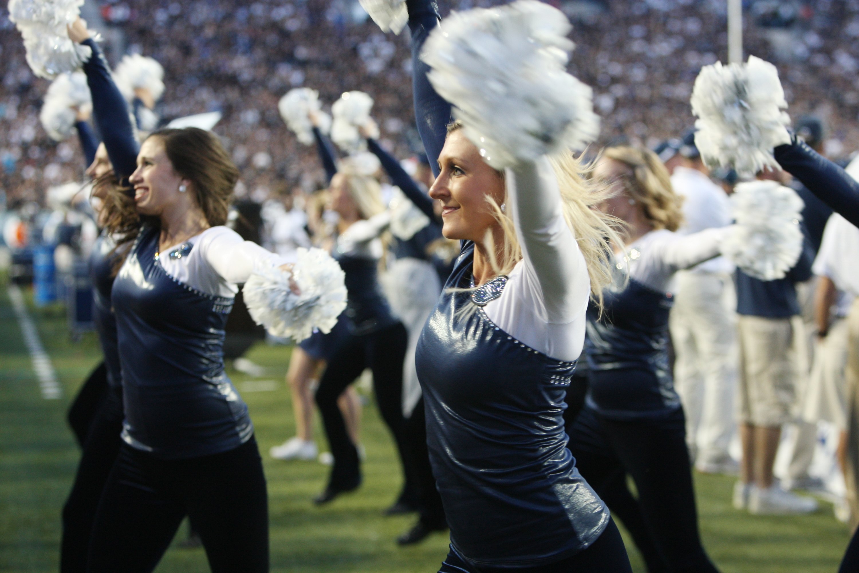 PROVO, UT - SEPTEMBER 19:  Cheerleaders of Brigham Young University Cougars perform on the sidelines during the game against the Florida State Seminoles at La Vell Edwards Stadium on September 19, 2009 in Provo, Utah.  (Photo by Melissa Majchrzak via Gett