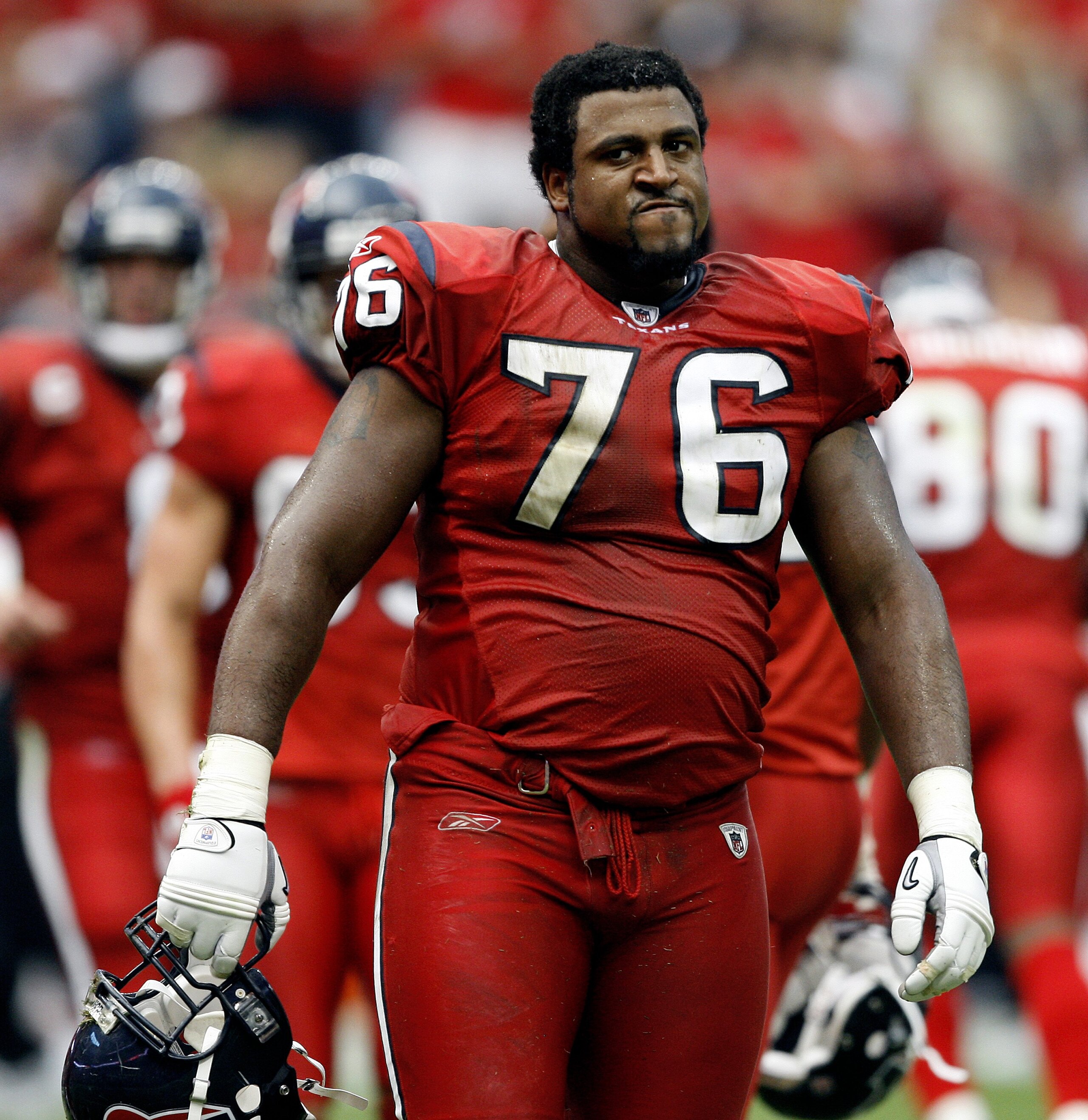 HOUSTON - SEPTEMBER 27:  Tackle Duane Brown #76 of the Houston Texans reacts after running back Chris Brown (not in photo) fumbled at the goal-line in the fourth quarter during the game against the Jacksonville Jaguars at Reliant Stadium on September 27,