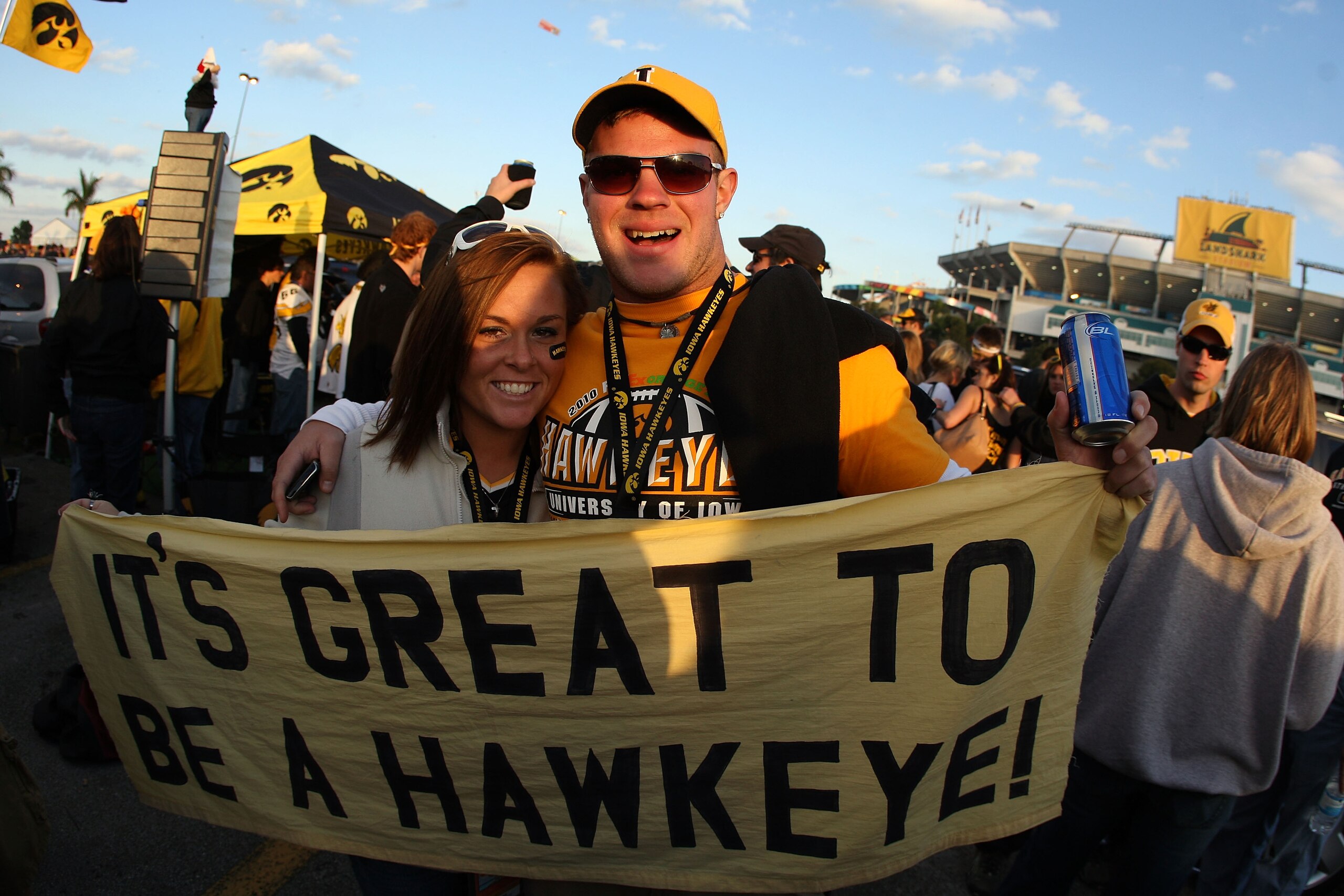 MIAMI GARDENS, FL - JANUARY 05: Fans of the Iowa Hawkeyes hold up a sign which reads 'It's Great to be a Hawkeye!' against the Georgia Tech Yellow Jackets during the FedEx Orange Bowl at Land Shark Stadium on January 5, 2010 in Miami Gardens, Florida. ( MIAMI GARDENS, FL - JANUARY 05: Fans of the Iowa Hawkeyes hold up a sign which reads 'It's Great to be a Hawkeye!' against the Georgia Tech Yellow Jackets during the FedEx Orange Bowl at Land Shark Stadium on January 5, 2010 in Miami Gardens, Florida. (