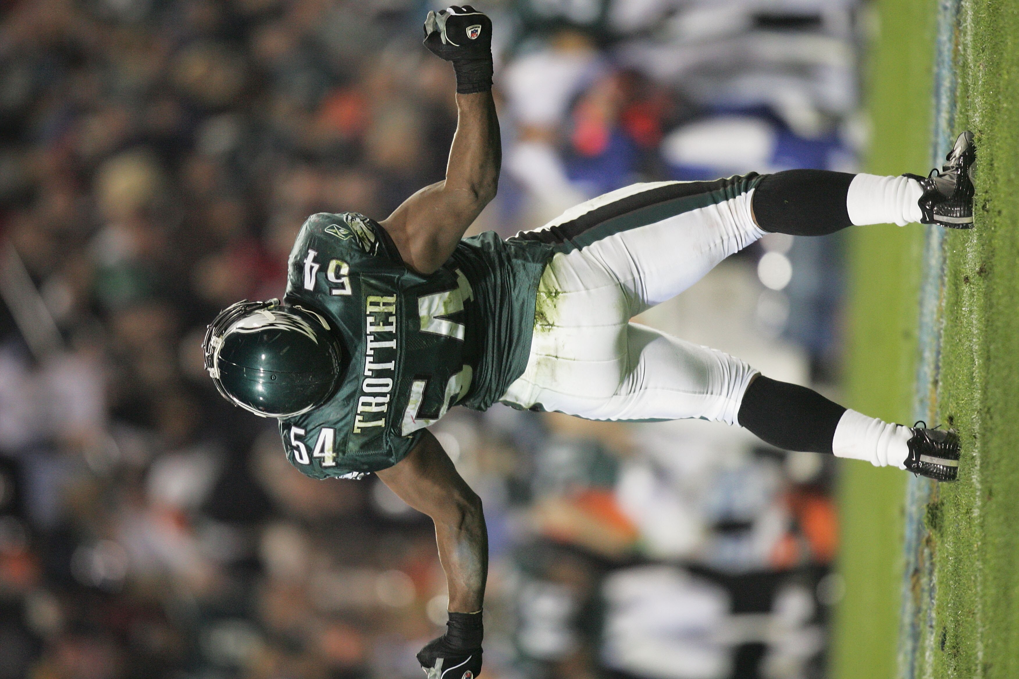 JACKSONVILLE, FL - FEBRUARY 6:  Linebacker Jeremiah Trotter #54 of the Philadelphia Eagles celebrates after making a play against the New England Patriots in Super Bowl XXXIX at Alltel Stadium on February 6, 2005 in Jacksonville, Florida. The Patriots def
