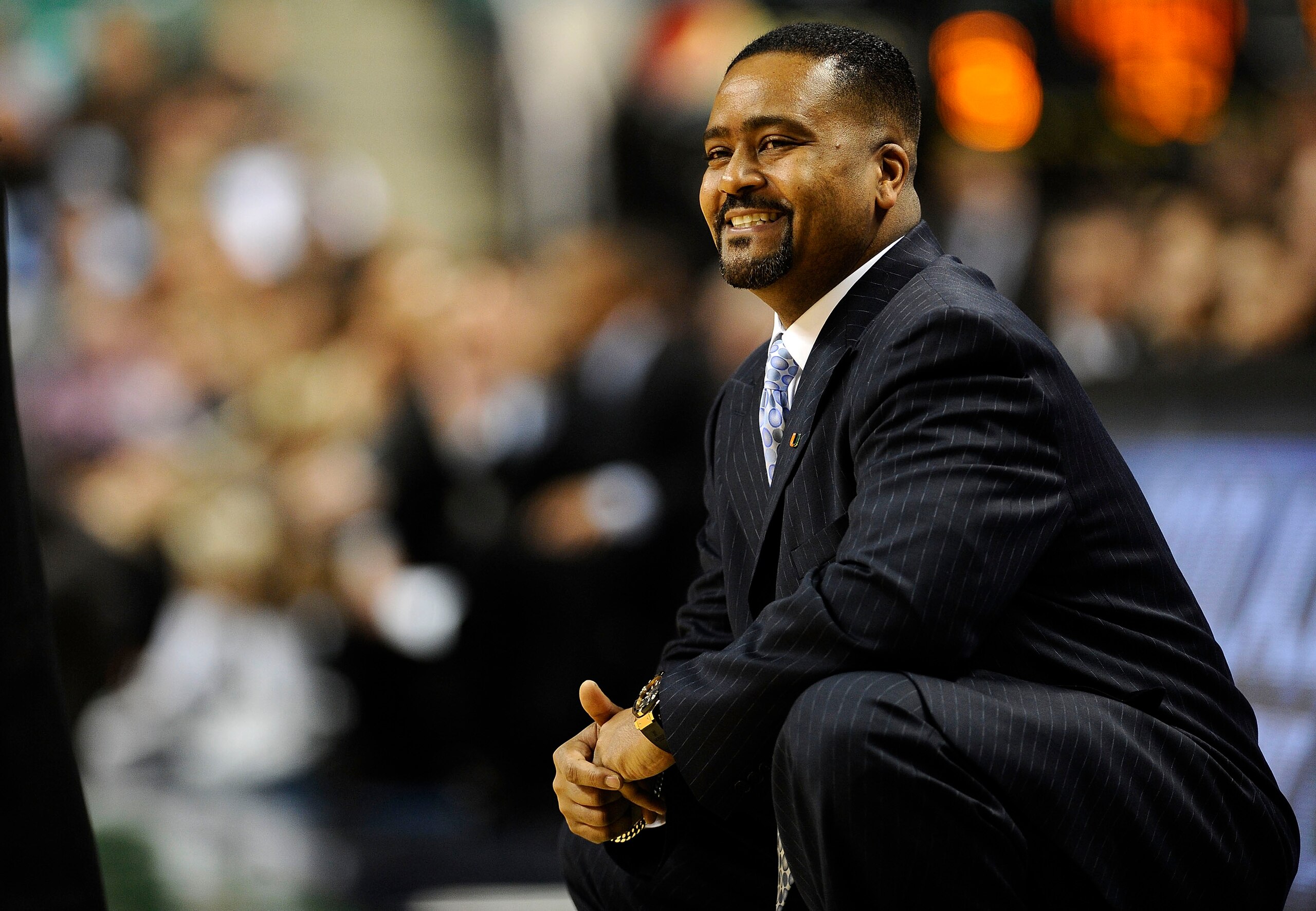 GREENSBORO, NC - MARCH 11:  Frank Haith, head coach of the University of Miami Hurricanes looks from the bench against the Wake Forest Demon Deacons in their first round game in the 2010 ACC Men's Basketball Tournament at the Greensboro Coliseum on March