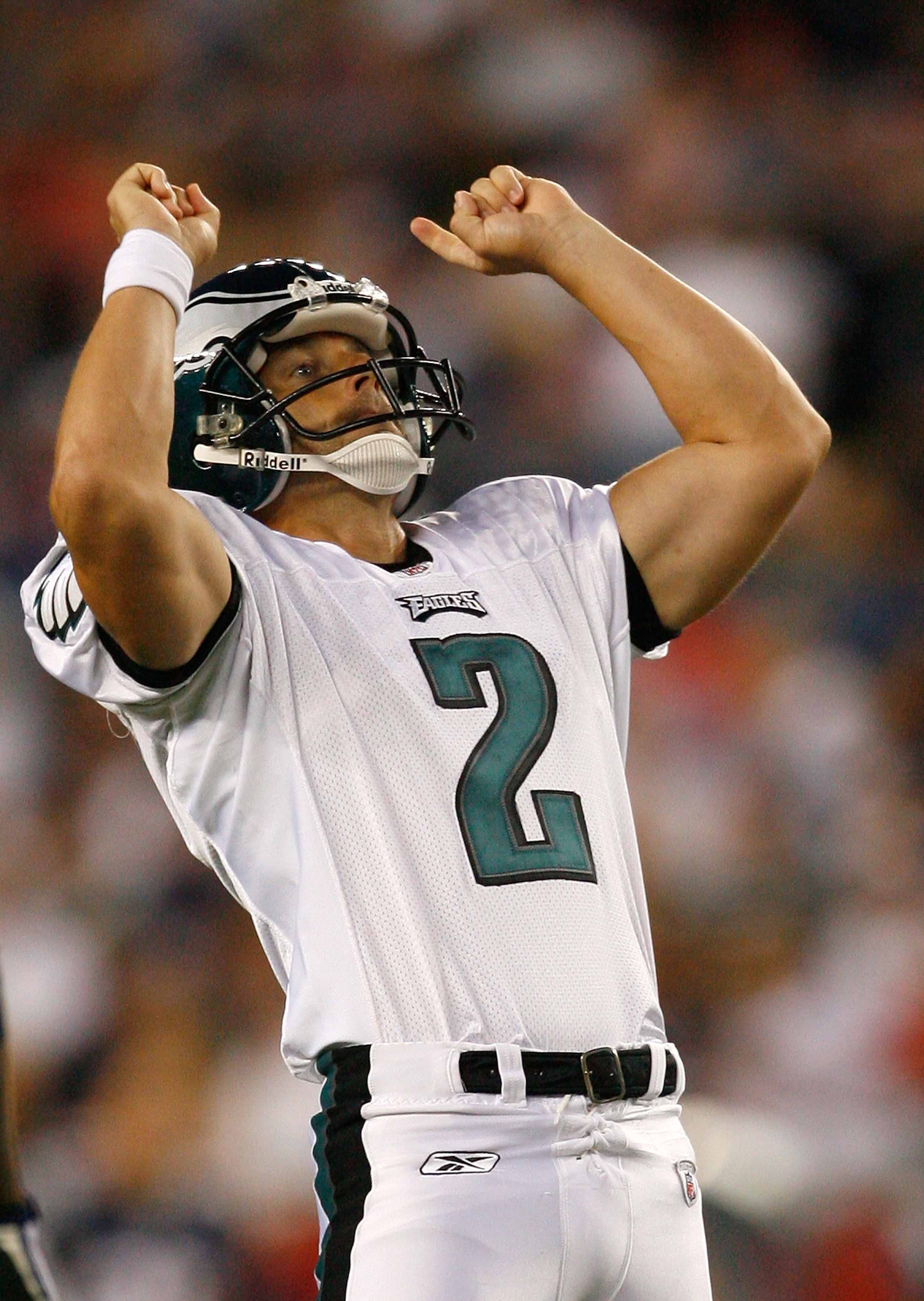FOXBORO, MA - AUGUST 22: David Akers #2 of the Philadelphia Eagles reacts during a preseason game against the New England Patriots at Gillette Stadium on August 22, 2008 in Foxboro, Massachusetts. (Photo by Jim Rogash/Getty Images) FOXBORO, MA - AUGUST 22: David Akers #2 of the Philadelphia Eagles reacts during a preseason game against the New England Patriots at Gillette Stadium on August 22, 2008 in Foxboro, Massachusetts. (Photo by Jim Rogash/Getty Images)