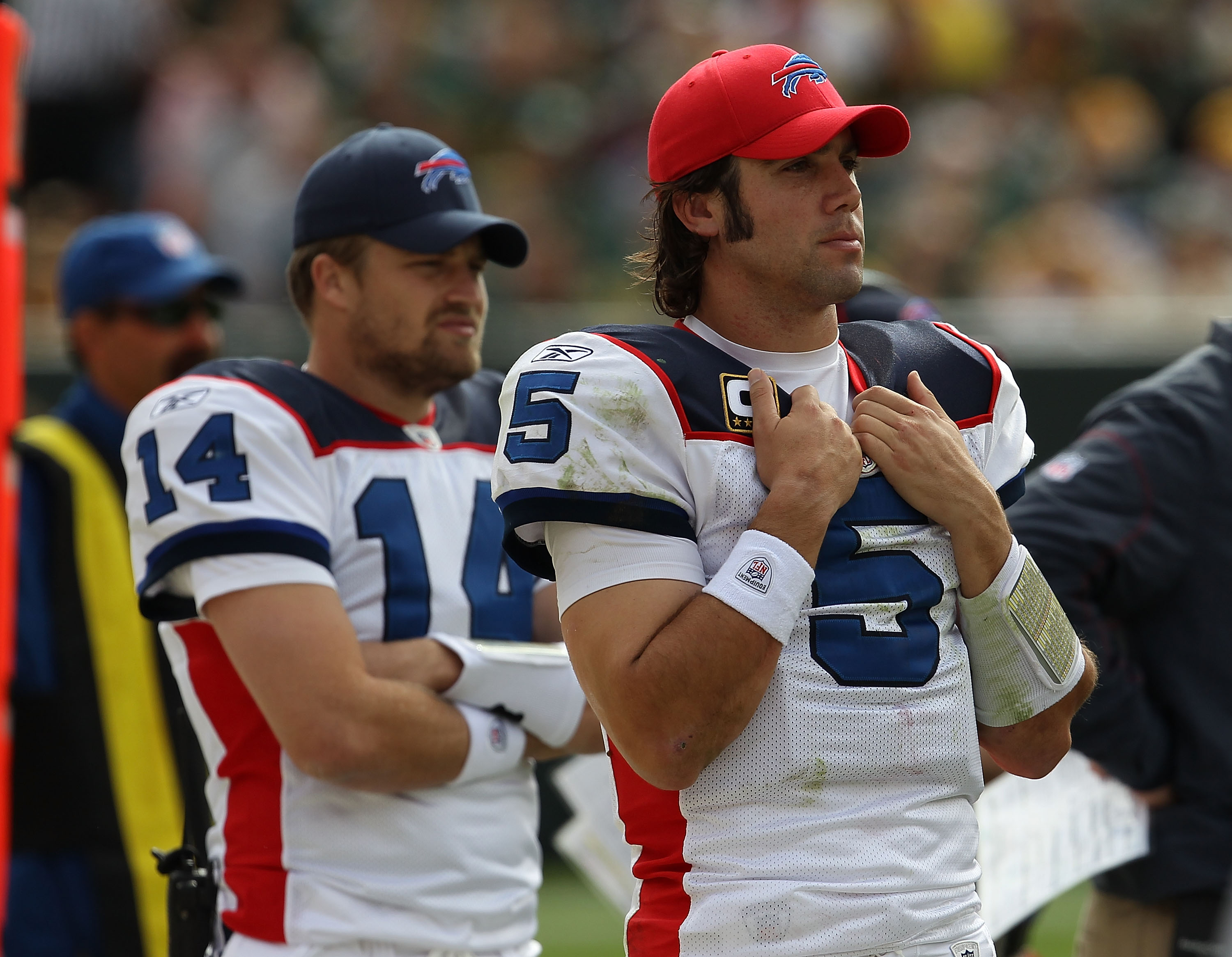 GREEN BAY, WI - SEPTEMBER 19: Ryan Fitzpatrick #14 and Trent Edwards #5 of the Buffalo Bills watch from the sidelines during a game against the Green Bay Packer at Lambeau Field on September 19, 2010 in Green Bay, Wisconsin. The Packers defeated the Bills