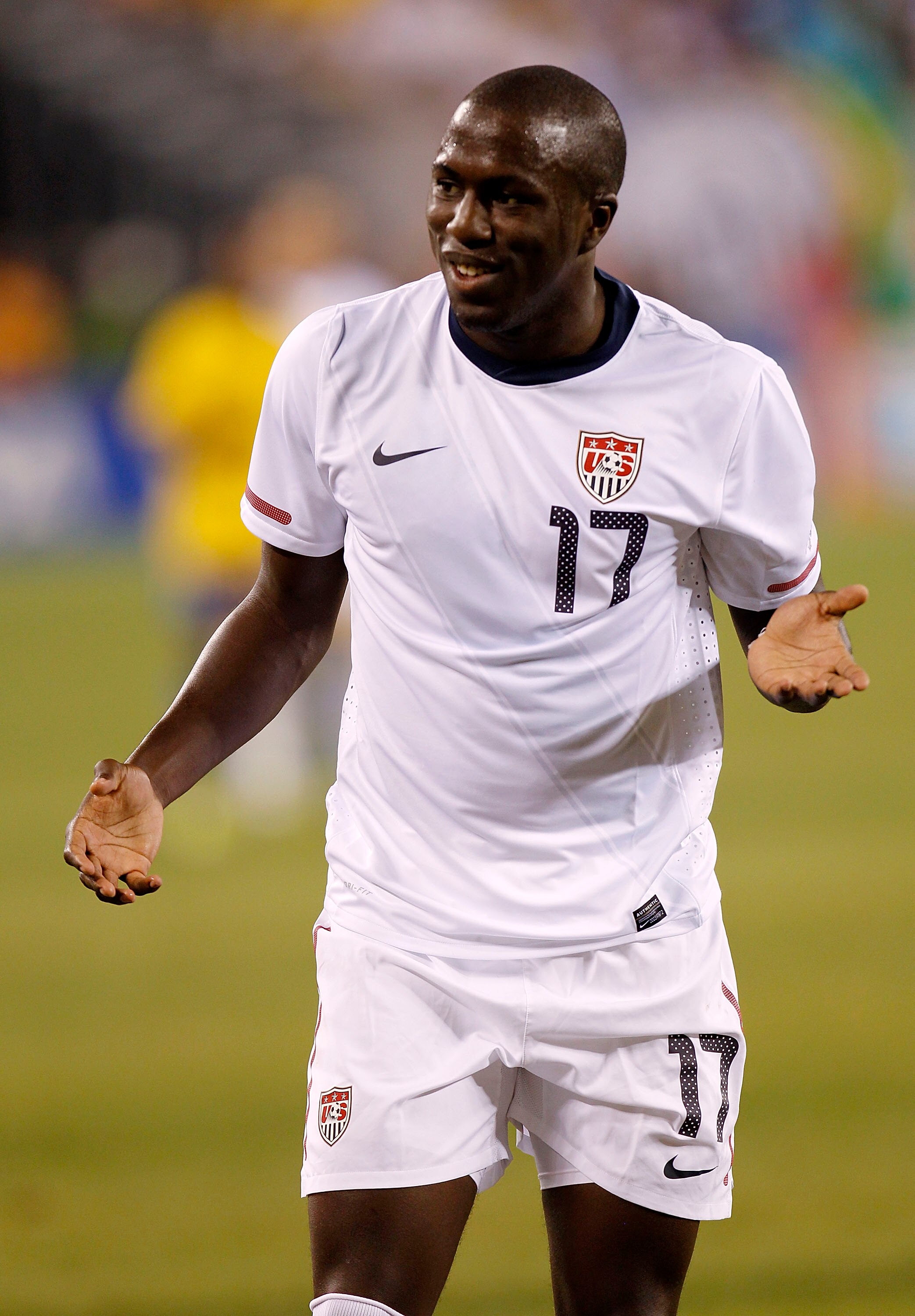 EAST RUTHERFORD, NJ - AUGUST 10: Jozy Altidore #17 of the U.S. faces Brazil in the second half of a friendly match at the New Meadowlands on August 10, 2010 in East Rutherford, New Jersey. (Photo by Jeff Zelevansky/Getty Images)