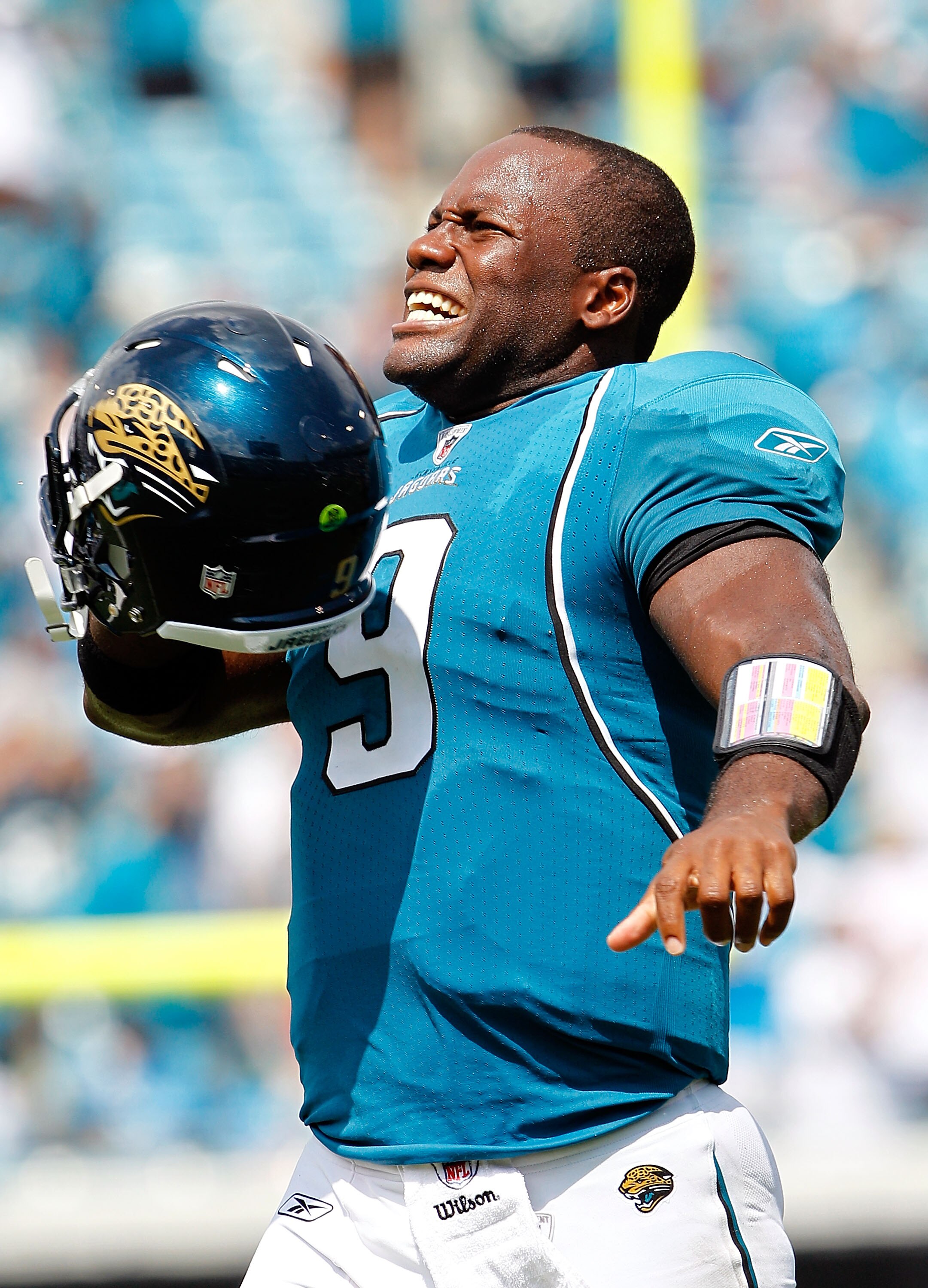 JACKSONVILLE, FL - SEPTEMBER 12:  Quarterback David Garrard #9 of the Jacksonville Jaguars celebrates a touchdown pass during the NFL season opener game against the Denver Broncos at EverBank Field on September 12, 2010 in Jacksonville, Florida.  (Photo b