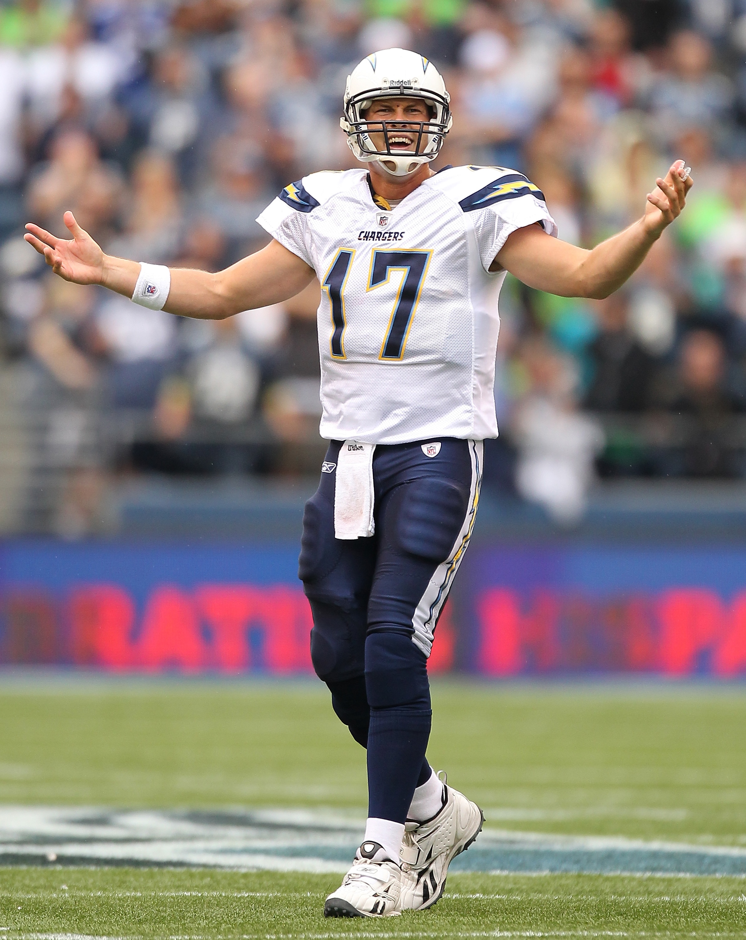 SEATTLE - SEPTEMBER 26:  Quarterback Philip Rivers #17 of the San Diego Chargers questions a penalty call during the game against the Seattle Seahawks at Qwest Field on September 26, 2010 in Seattle, Washington. The Seahawks defeated the Chargers 27-20.(P
