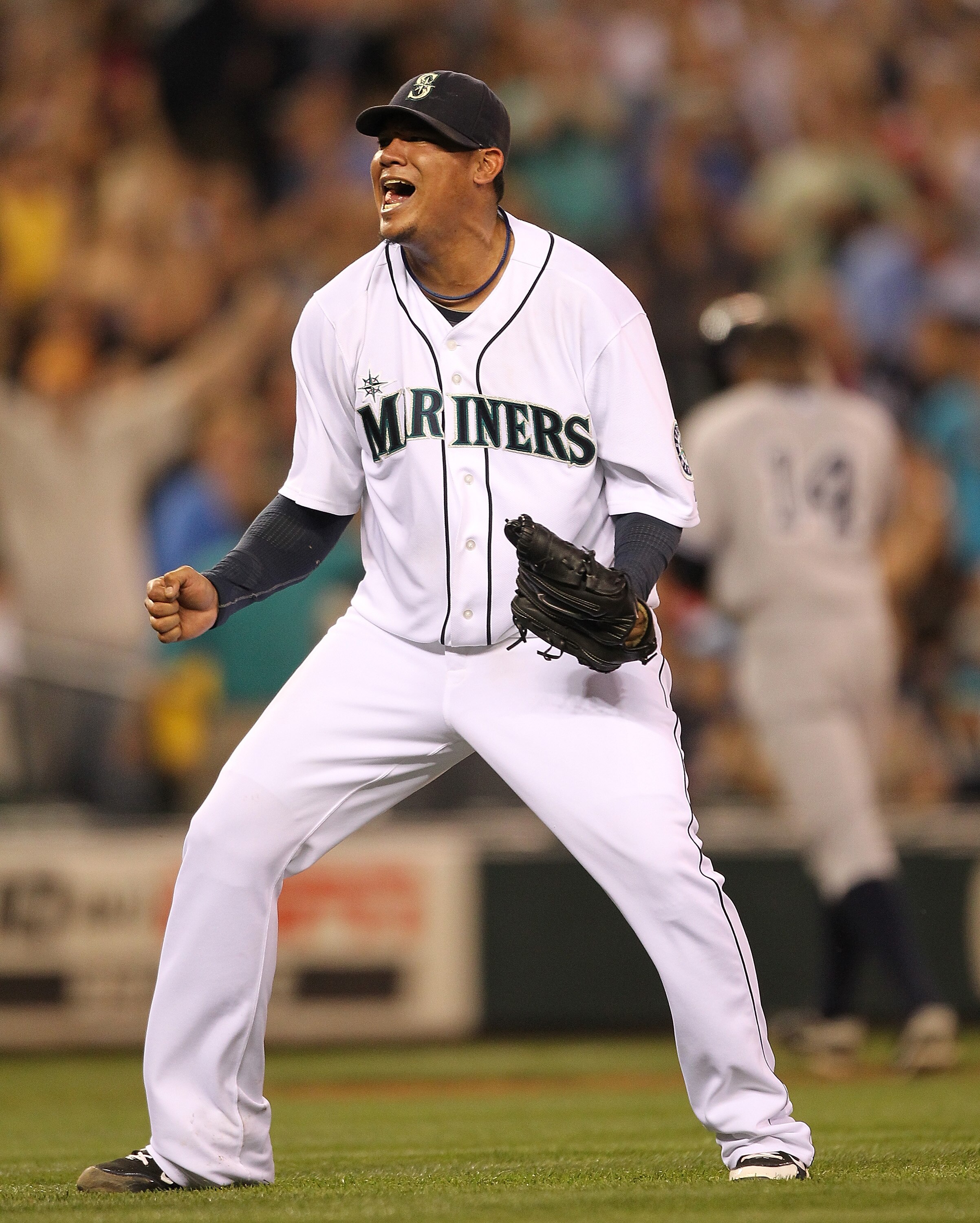SEATTLE - JULY 10:  Starting pitcher Felix Hernandez #34 of the Seattle Mariners celebrates after defeating the New York Yankees 4-1 at Safeco Field on July 10, 2010 in Seattle, Washington. (Photo by Otto Greule Jr/Getty Images)