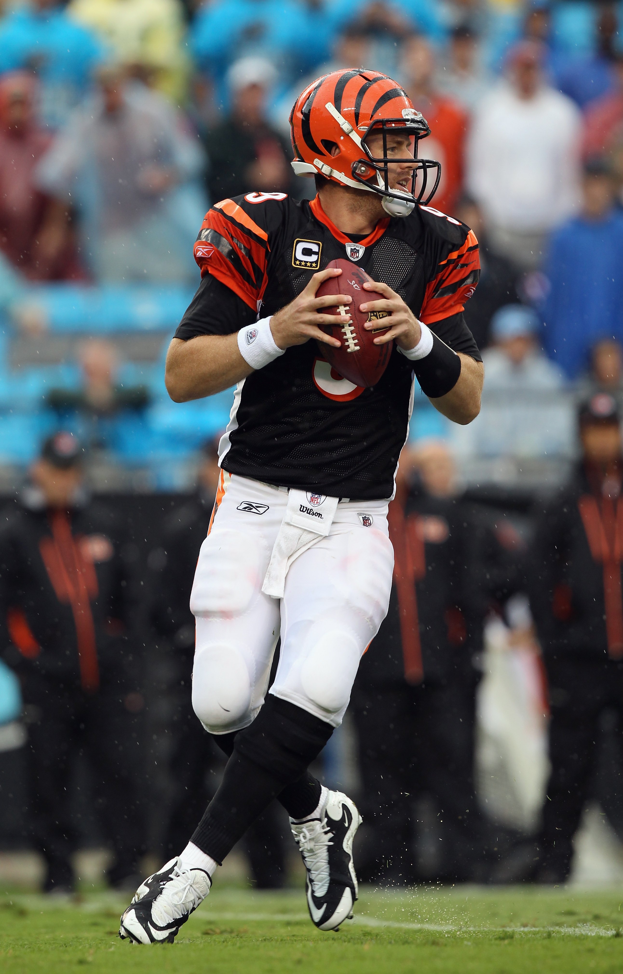 CHARLOTTE, NC - SEPTEMBER 26:  Carson Palmer #9 of the Cincinnati Bengals against the Carolina Panthers during their game at Bank of America Stadium on September 26, 2010 in Charlotte, North Carolina.  (Photo by Streeter Lecka/Getty Images)