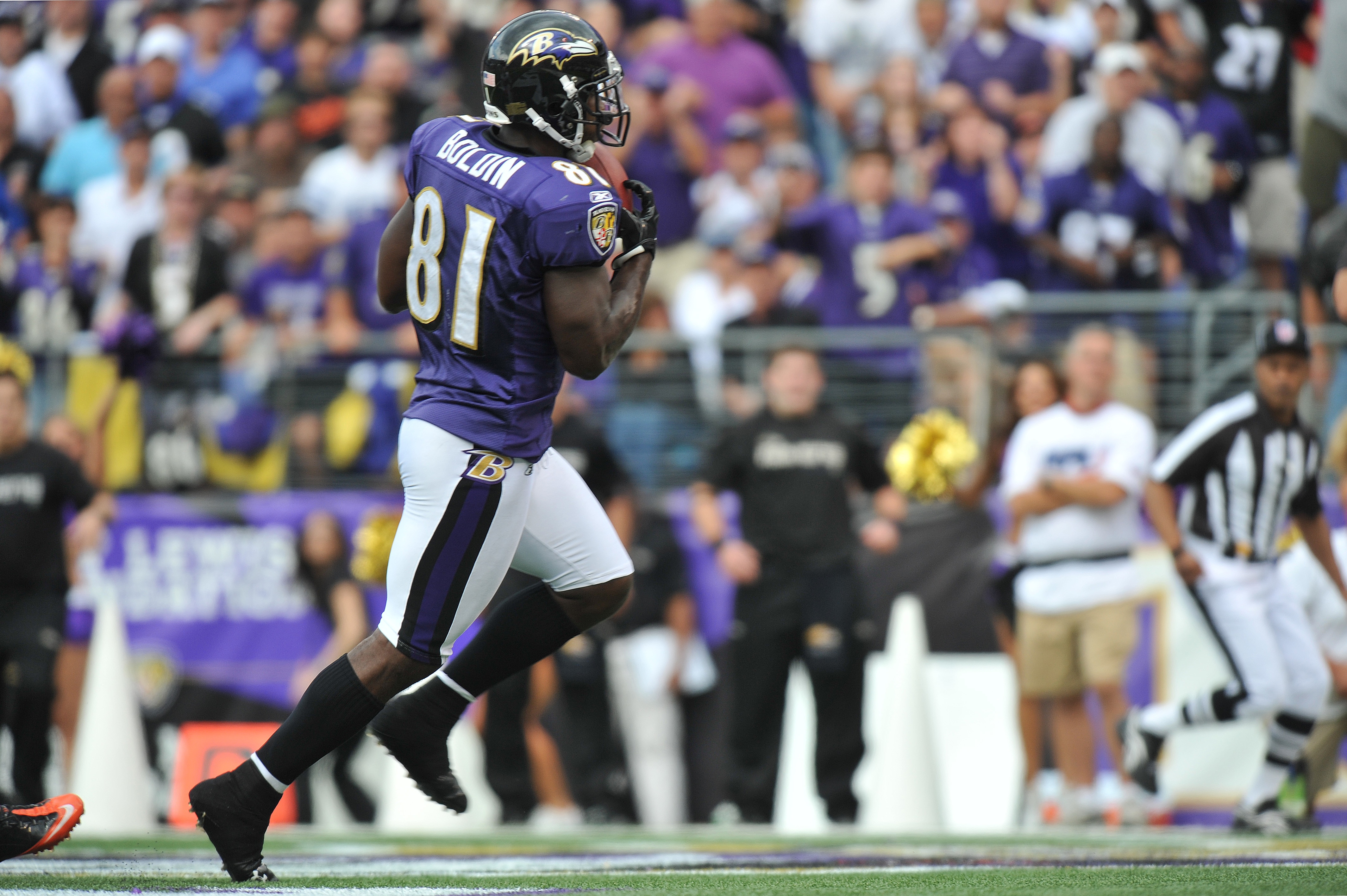 BALTIMORE - SEPTEMBER 26:  Anquan Boldin #81 of the Baltimore Ravens scores one of his three touchdowns against the Cleveland Browns  at M&T Bank Stadium on September 26, 2010 in Baltimore, Maryland. The Ravens defeated the Browns 24-17. (Photo by Larry F
