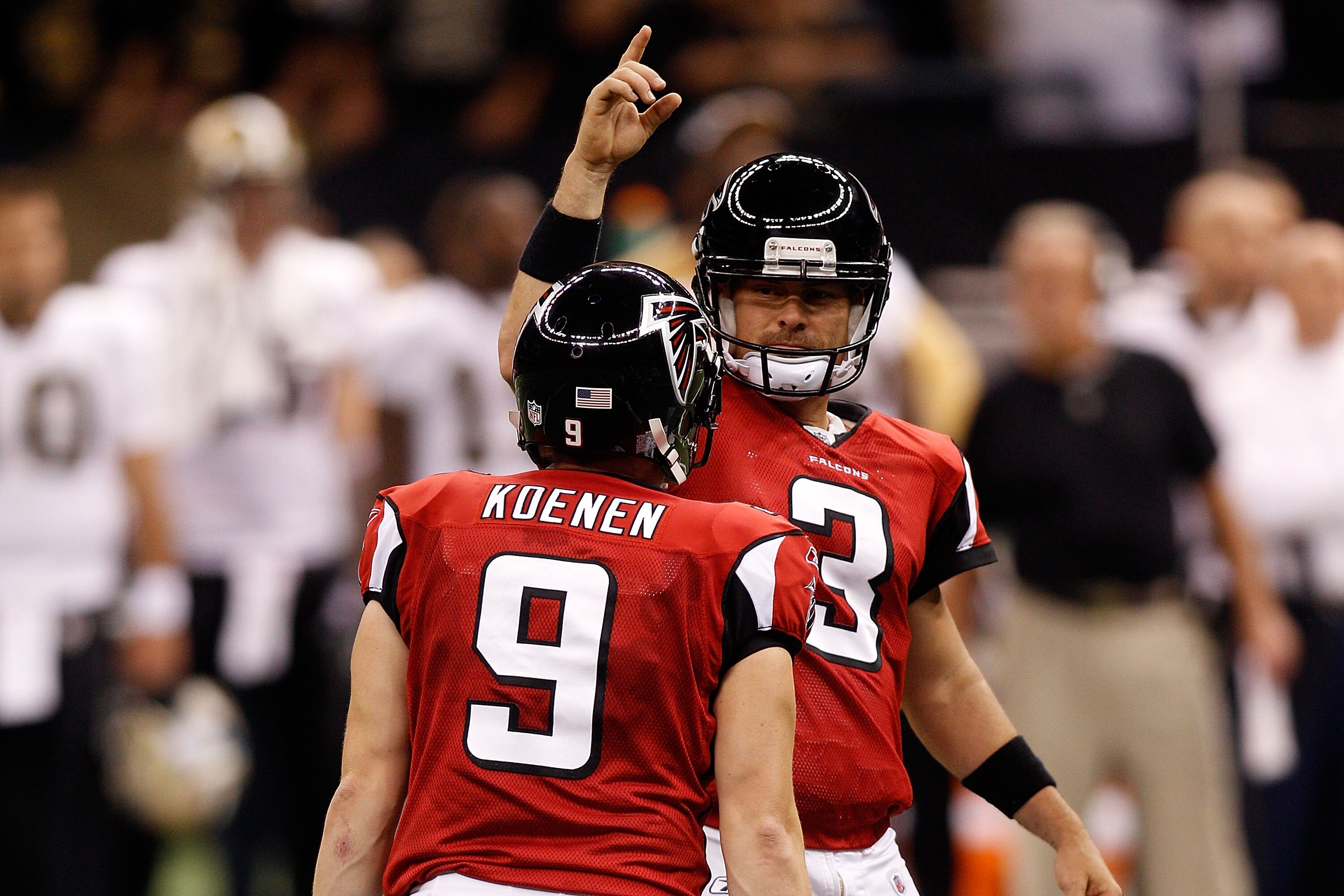 NEW ORLEANS - SEPTEMBER 26:  Matt Bryant #3 of the Atlanta Falcons celebrates after kicking a field goal to win the game in overtime 27-24 against the New Orleans Saints at the Louisiana Superdome on September 26, 2010 in New Orleans, Louisiana.  (Photo b