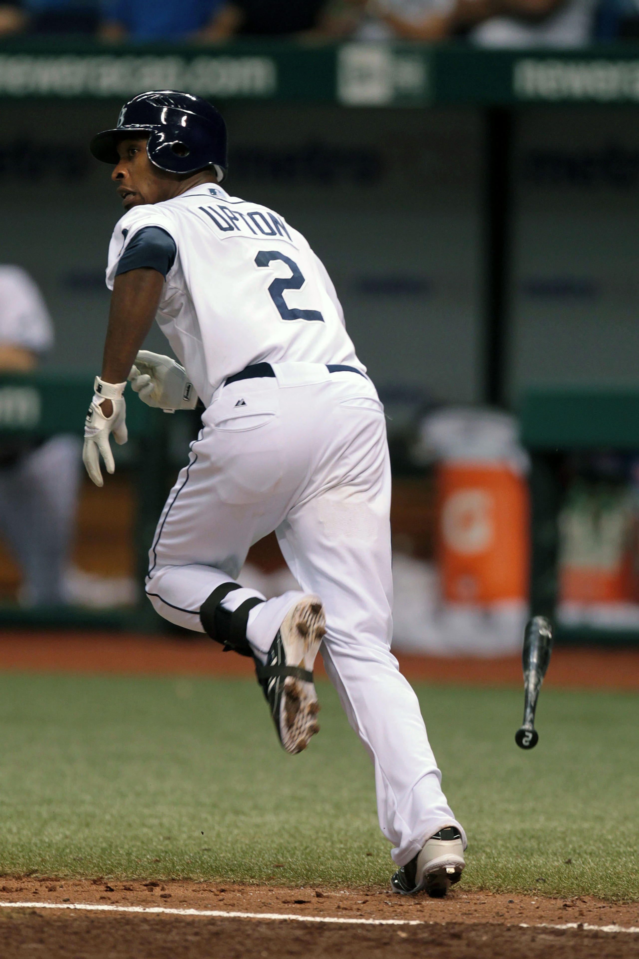ST PETERSBURG, FL - SEPTEMBER 25: B.J. Upton #2 of the Tampa Bay Rays hits a home run in the 7th inning against the Seattle Mariners at Tropicana Field on September 25, 2010 in St. Petersburg, Florida. (Photo by Eliot J. Schechter/Getty Images)