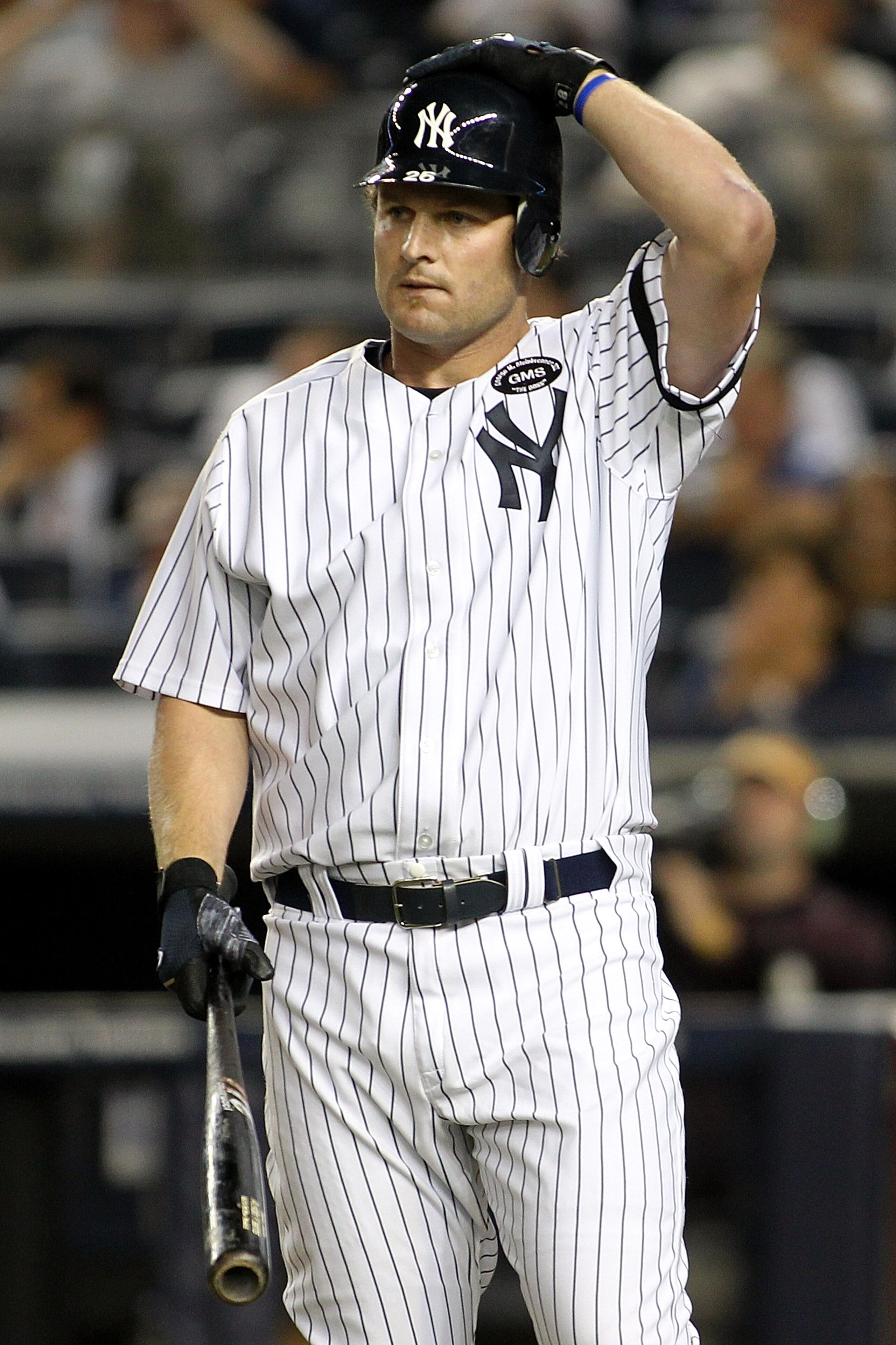 NEW YORK - AUGUST 02:  Austin Kearns #26 of the New York Yankees looks on against the Toronto Blue Jays on August 2, 2010 at Yankee Stadium in the Bronx borough of New York City.  (Photo by Michael Heiman/Getty Images)