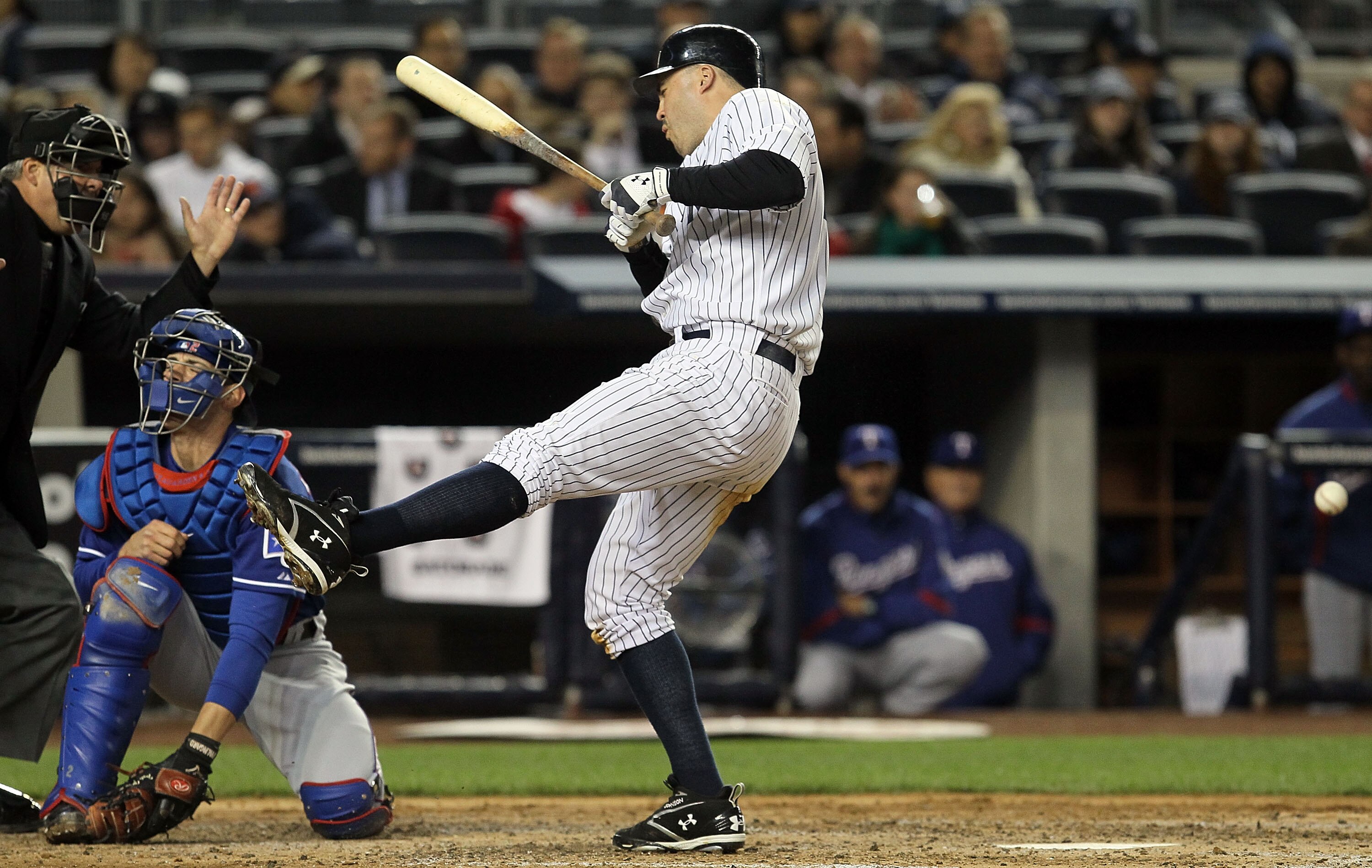 NEW YORK - APRIL 16: Nick Johnson #26 of the New York Yankees is hit with a pitch in the third inning against the Texas Rangers on April 16, 2010 at Yankee Stadium in the Bronx borough of New York City. (Photo by Jim McIsaac/Getty Images) NEW YORK - APRIL 16: Nick Johnson #26 of the New York Yankees is hit with a pitch in the third inning against the Texas Rangers on April 16, 2010 at Yankee Stadium in the Bronx borough of New York City. (Photo by Jim McIsaac/Getty Images)