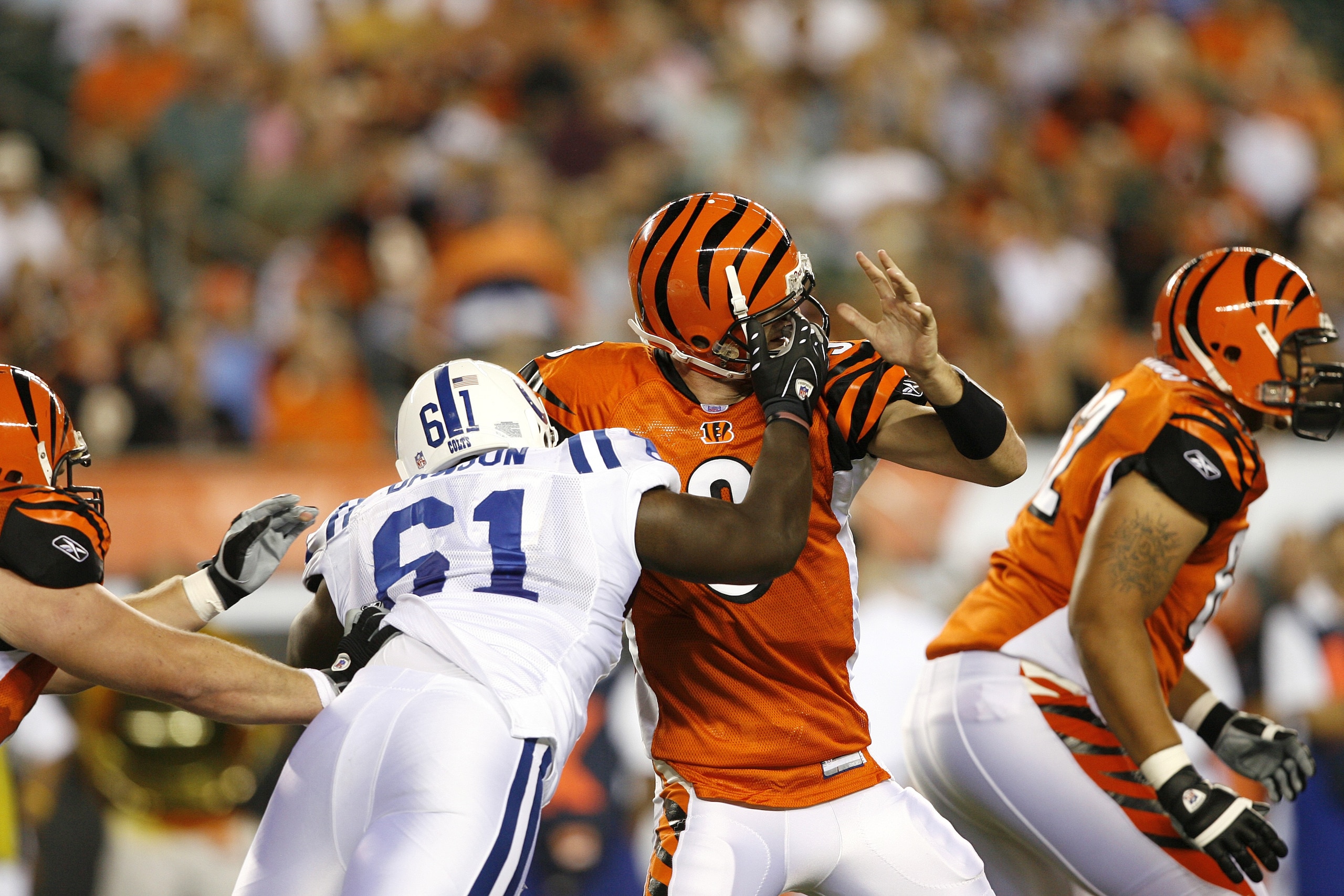 CINCINNATI - AUGUST 31:  Jeff Rowe #3 of the Cincinnati Bengals gets hit by Keyunta Dawson #61 of the Indianapolis Colts during a NFL preseason game on August 31, 2007 at Paul Brown Stadium in Cincinnati, Ohio. (Photo by Joe Robbins/Getty Images)
