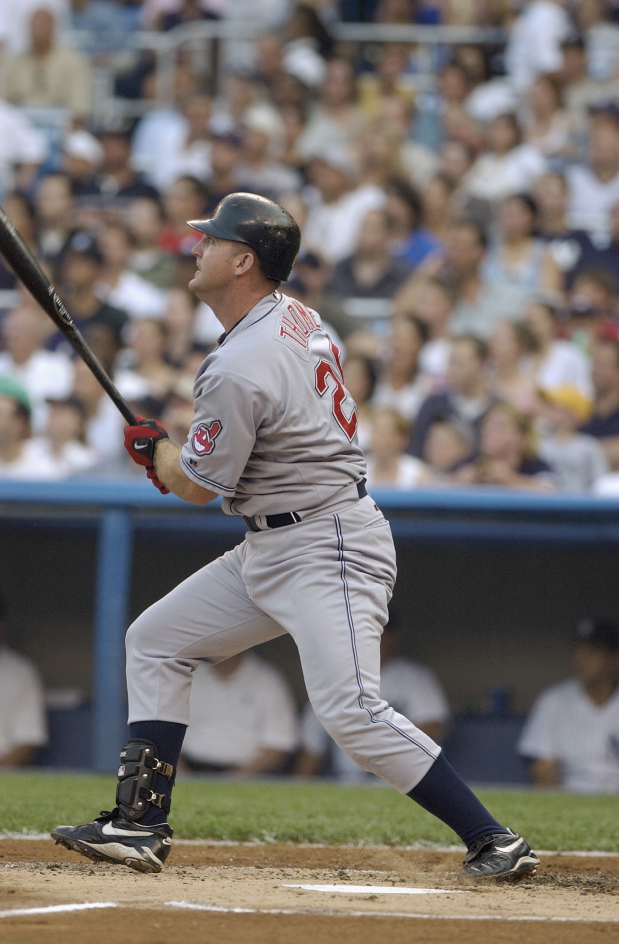 BRONX, NY - JULY 02:  Jim Thome #25 of the Cleveland Indians watches his two-run home run go over the wall in the first inning of the MLB game against the New York Yankees on July 2, 2002 at Yankee Stadium in the Bronx, New York. (Photo by Ezra Shaw /Gett
