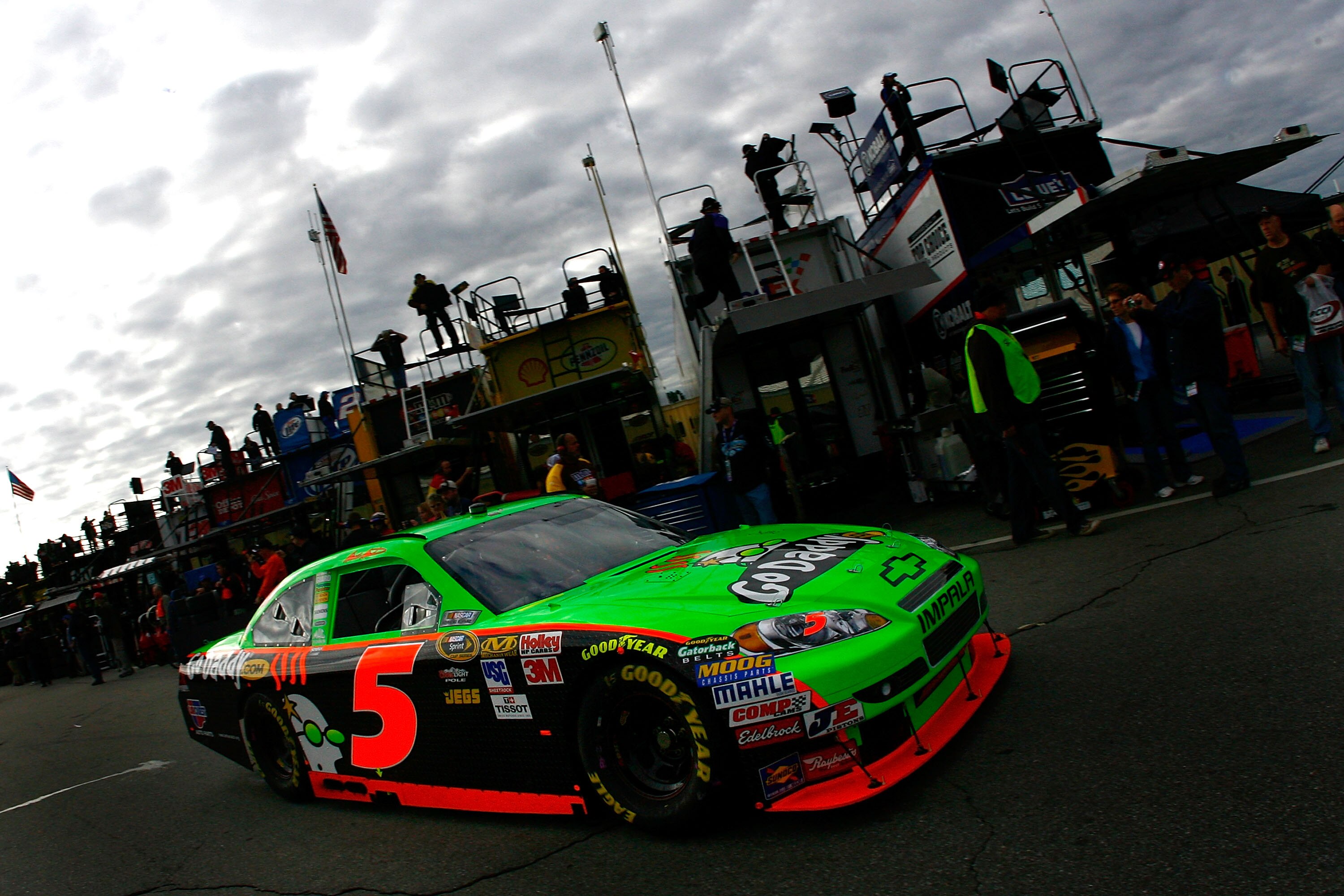LOUDON, NH - SEPTEMBER 18:  Mark Martin, driver of the #5 GoDaddy.com Chevrolet, drives through the garage area during practice for the NASCAR Sprint Cup Series Sylvania 300 at New Hampshire Motor Speedway on September 18, 2010 in Loudon, New Hampshire.