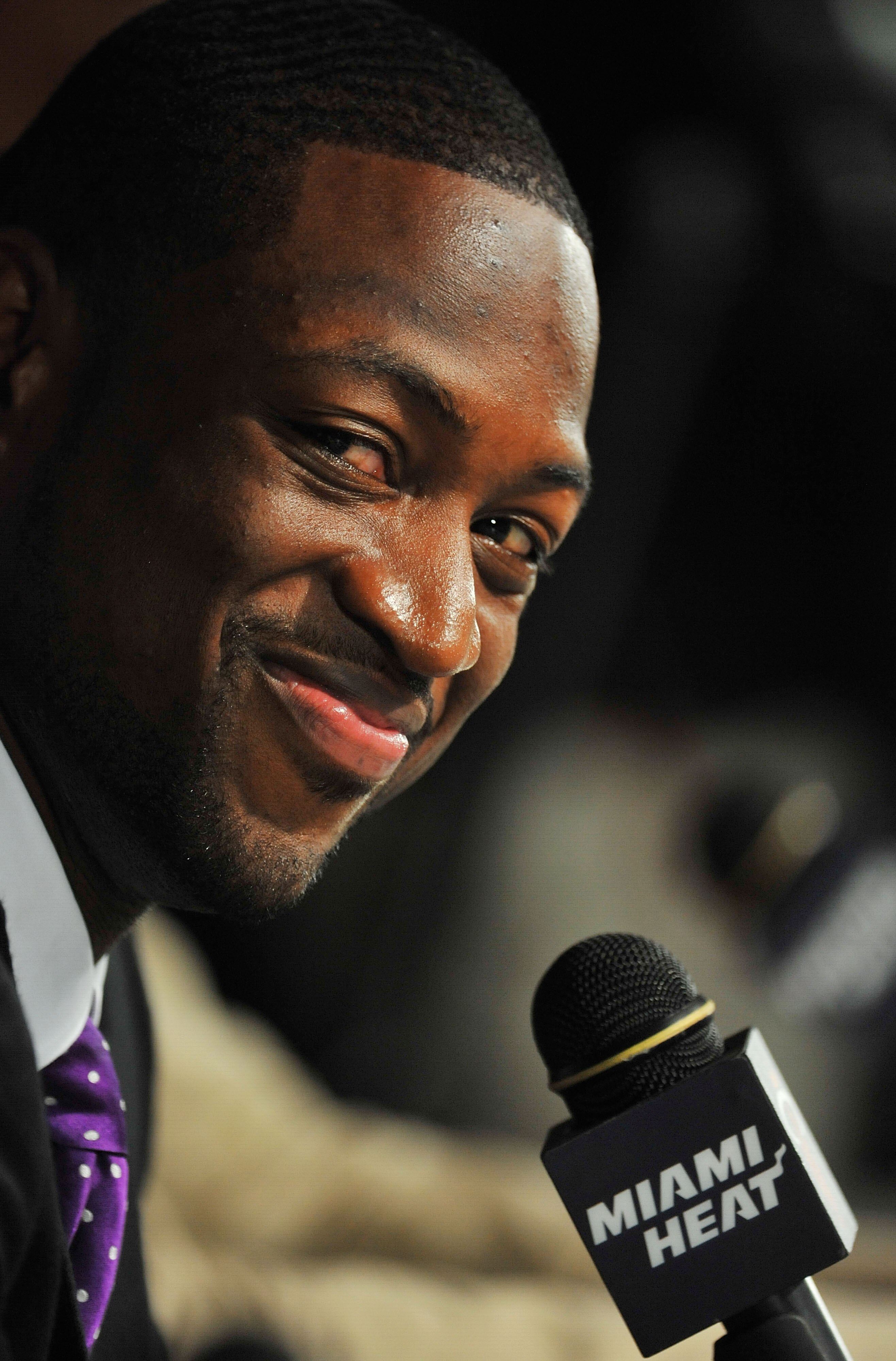 MIAMI - JULY 09:  Dwyane Wade #3 of the Miami Heat talks during a press conference after a welcome party at American Airlines Arena on July 9, 2010 in Miami, Florida.  (Photo by Doug Benc/Getty Images)