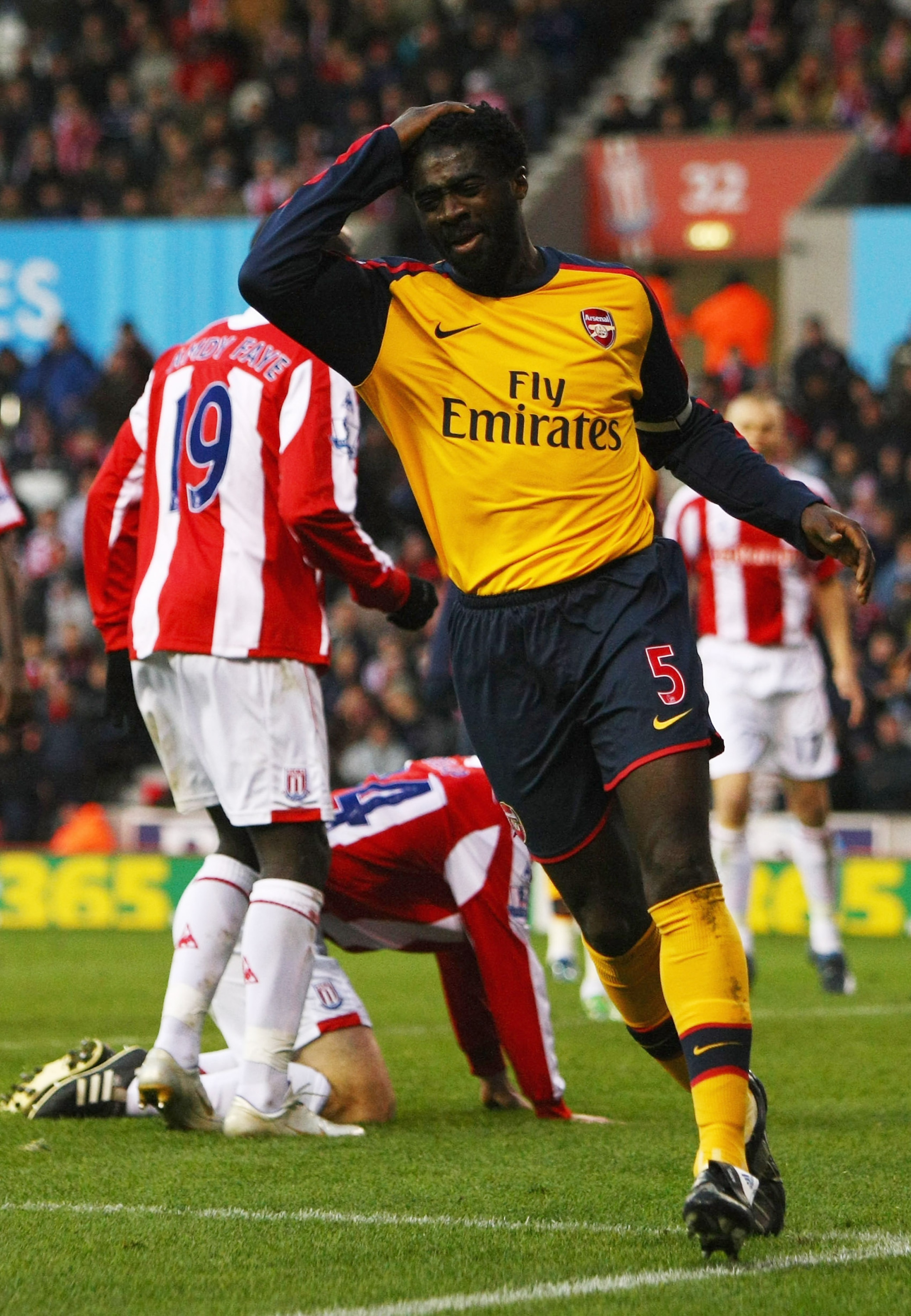 STOKE, UNITED KINGDOM - NOVEMBER 01:  Kolo Toure of Arsenal vents his frustration after coming close to scoring during the Barclays Premier League match between Stoke City and Arsenal at the Britannia Stadium on November 1, 2008 in Stoke, England.  (Photo