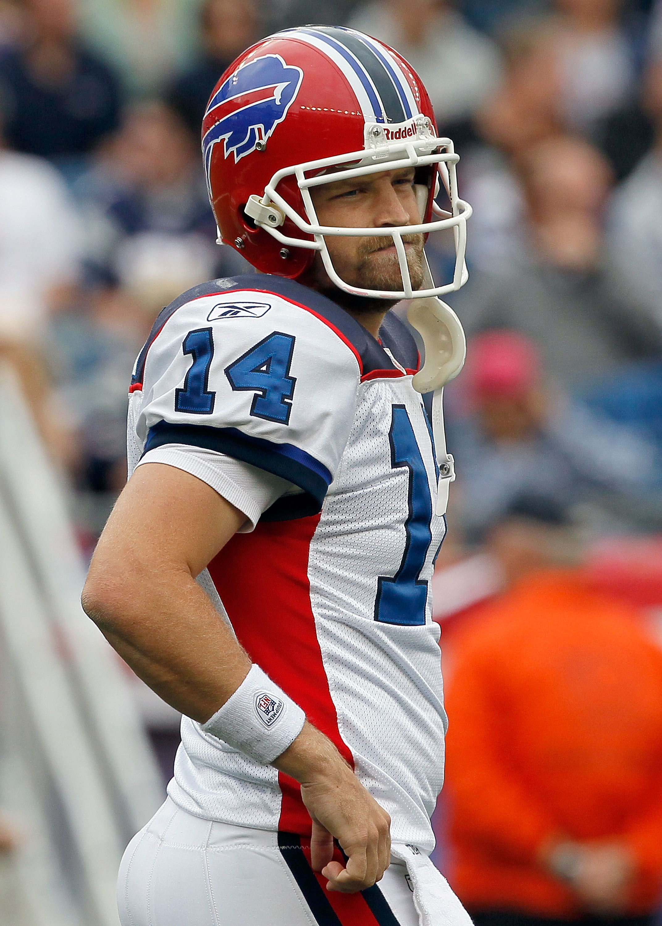 FOXBORO, MA - SEPTEMBER 26: Quarterback Ryan Fitzpatrick #14 of the Buffalo Bills reacts in the second half against the New England Patriots at Gillette Stadium on September 26, 2010 in Foxboro, Massachusetts. (Photo by Jim Rogash/Getty Images) FOXBORO, MA - SEPTEMBER 26: Quarterback Ryan Fitzpatrick #14 of the Buffalo Bills reacts in the second half against the New England Patriots at Gillette Stadium on September 26, 2010 in Foxboro, Massachusetts. (Photo by Jim Rogash/Getty Images)