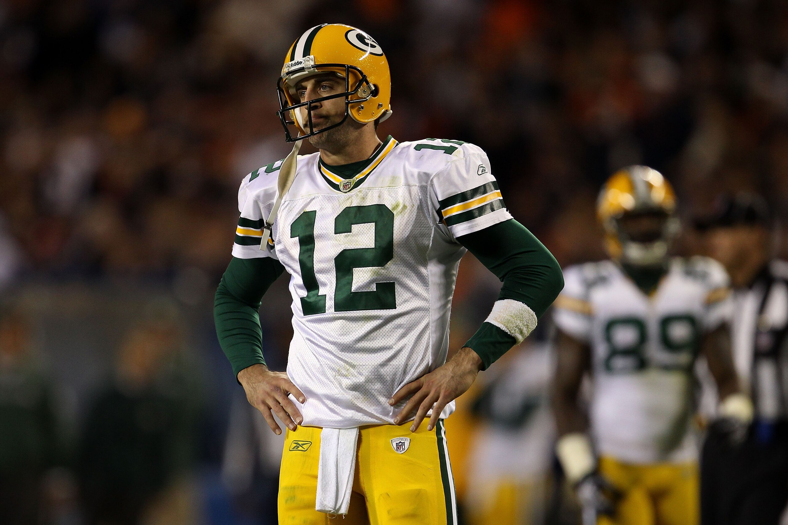 CHICAGO - SEPTEMBER 27:  Aaron Rodgers #12 of  the Green Bay Packers looks on dejected against the Chicago Bears at Soldier Field on September 27, 2010 in Chicago, Illinois.  (Photo by Jonathan Daniel/Getty Images)
