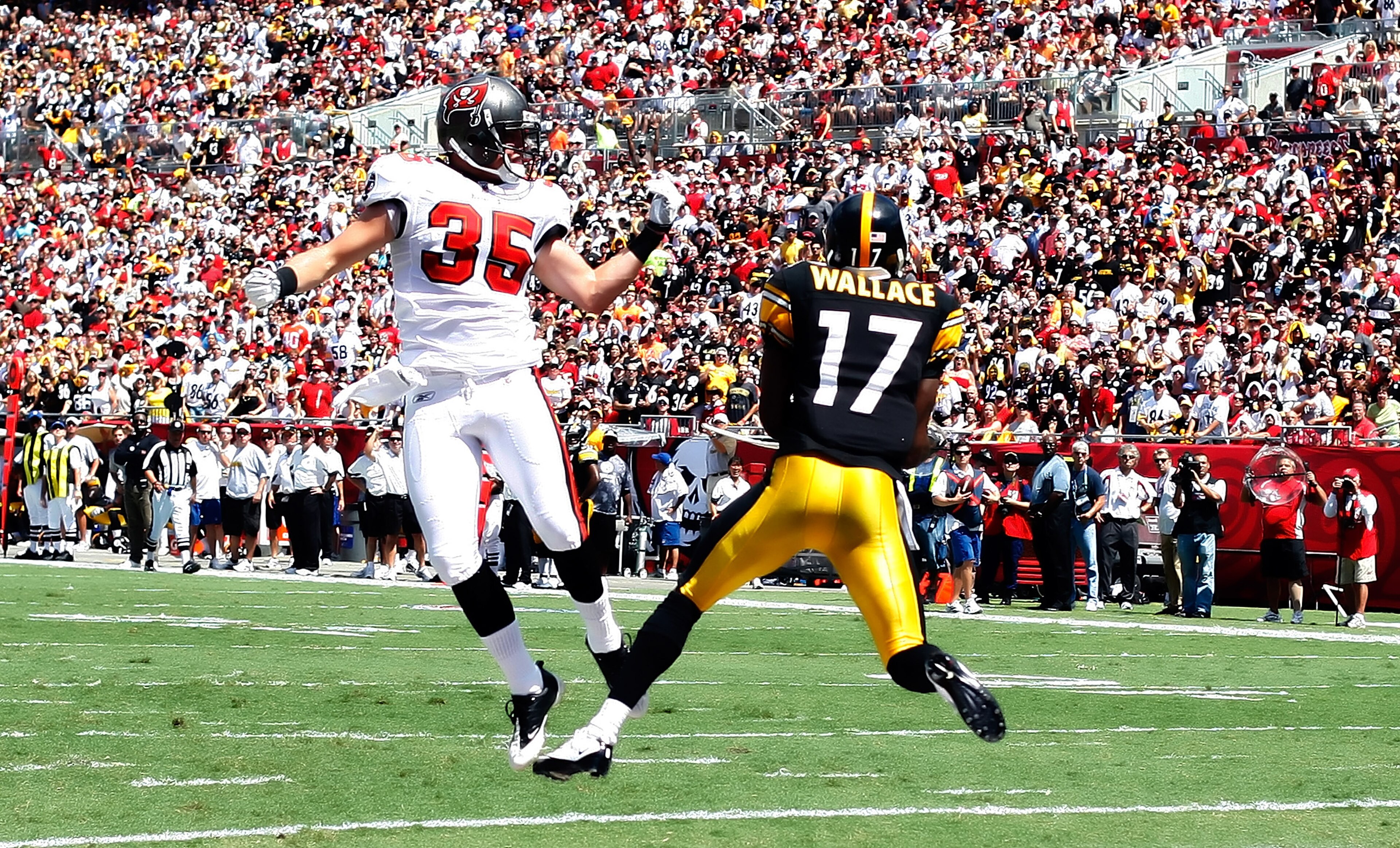 TAMPA, FL - SEPTEMBER 26:  Receiver Mike Wallace #17 of the Pittsburgh Steelers catches a touchdown pass in front of defender Cody Grimm #35 of the Tampa Bay Buccaneers during the game at Raymond James Stadium on September 26, 2010 in Tampa, Florida.  (Ph