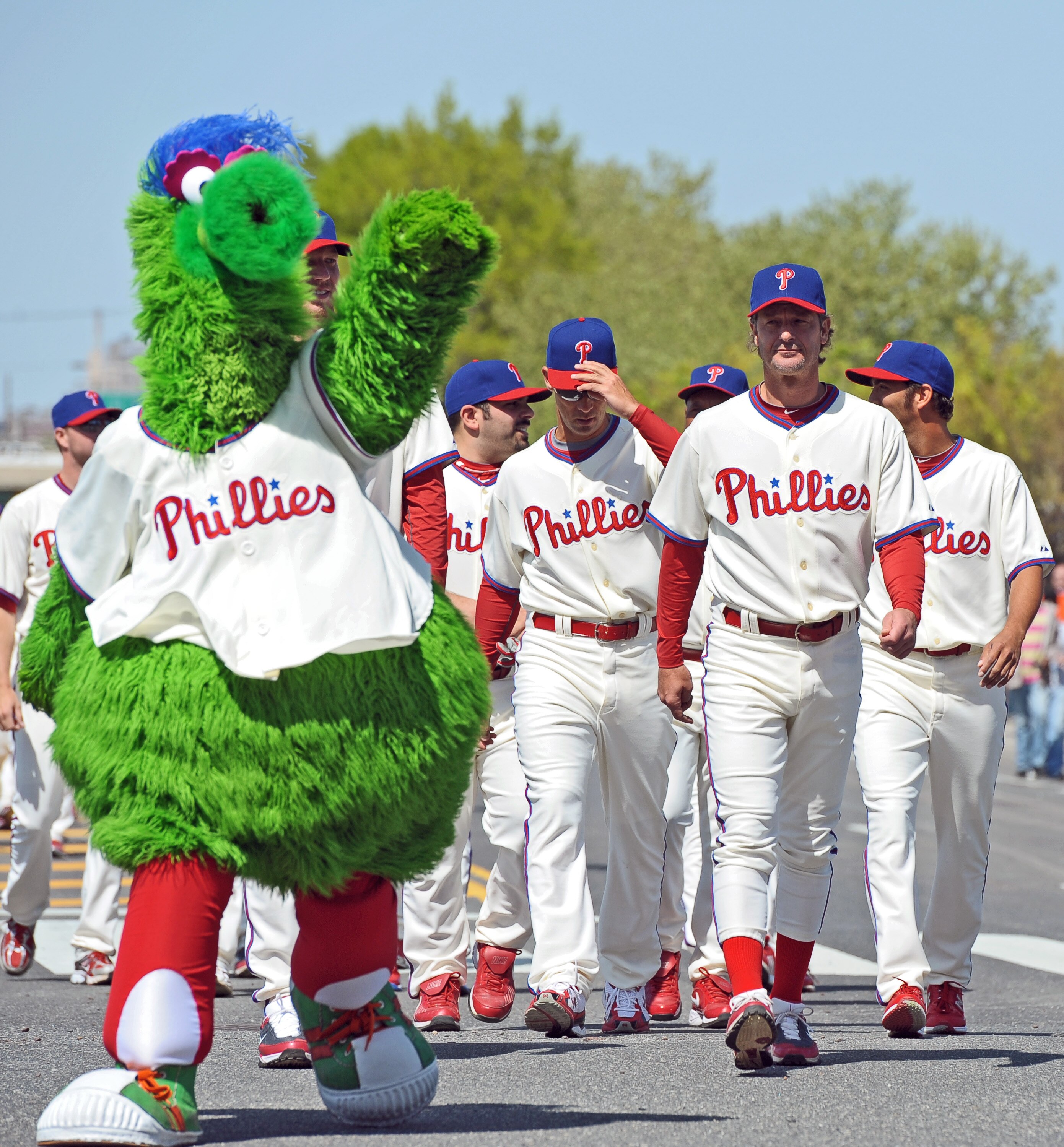 PHILADELPHIA - APRIL 12: The Philly Phanatic leads the team down the street in a parade to the ballpark before the game against the Washington Nationals on Opening Day at Citizens Bank Park on April 12, 2010 in Philadelphia, Pennsylvania. (Photo by Drew H