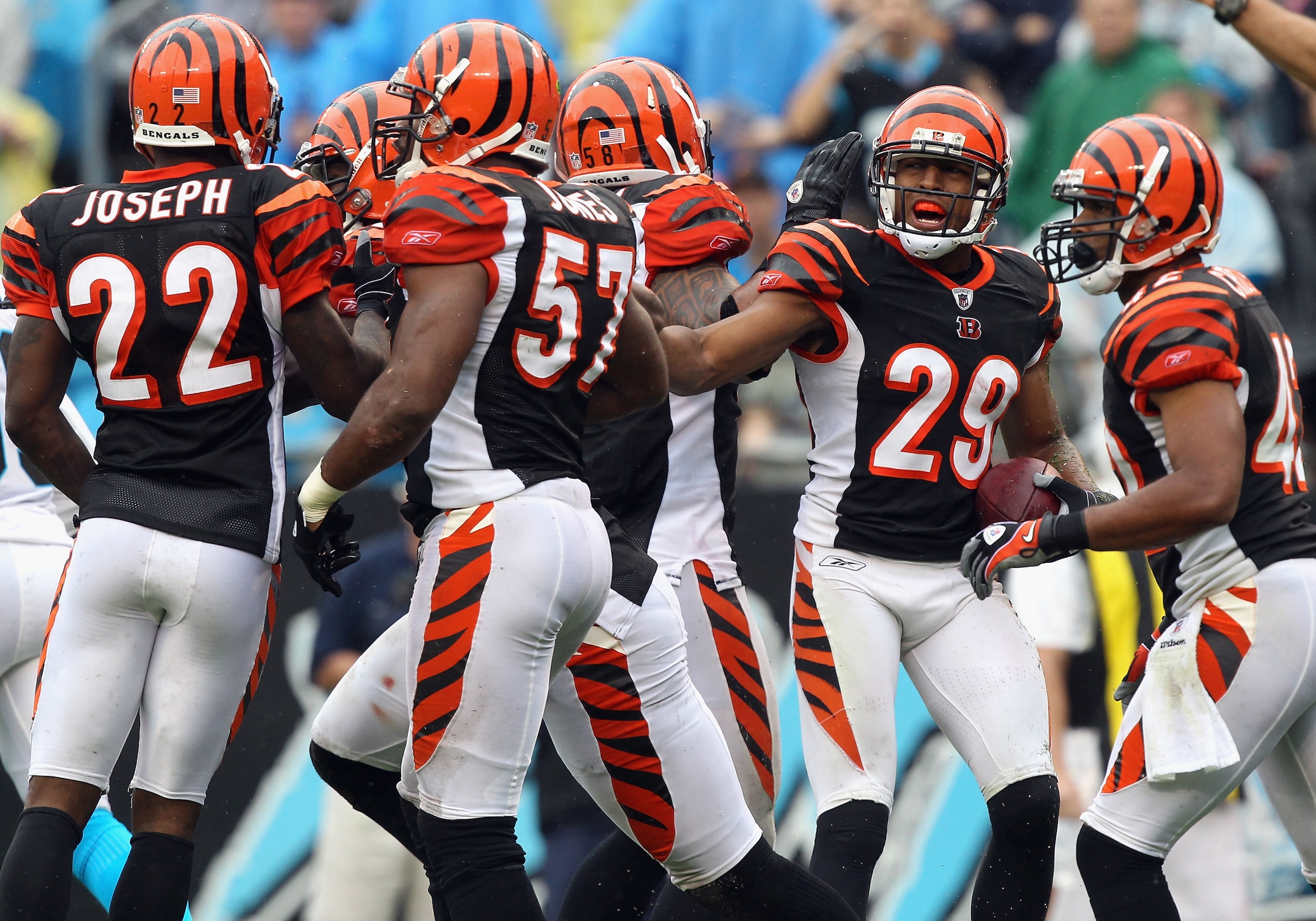 CHARLOTTE, NC - SEPTEMBER 26:  Leon Hall #29 of the Cincinnati Bengals celebrates with teammates after making an interception against the Carolina Panthers during their game at Bank of America Stadium on September 26, 2010 in Charlotte, North Carolina.  (