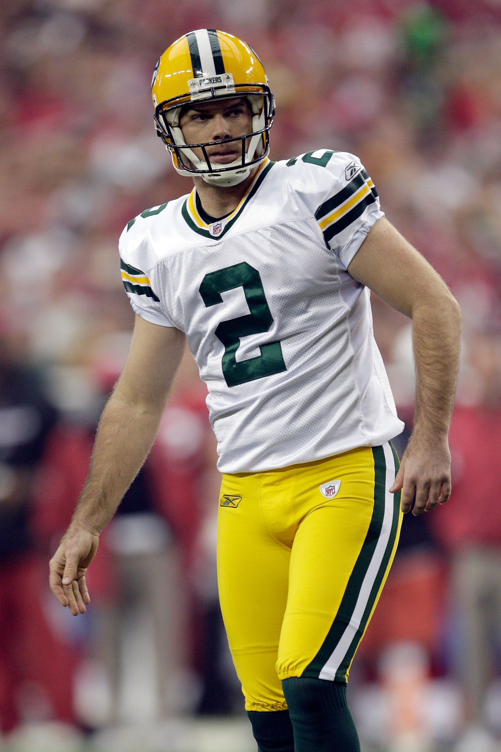 GLENDALE, AZ - JANUARY 03:  Kicker Mason Crosby #2 of the Green Bay Packers looks on from the sideline against the Arizona Cardinals at University of Phoenix Stadium on January 3, 2010 in Glendale, Arizona.  (Photo by Jamie Squire/Getty Images)