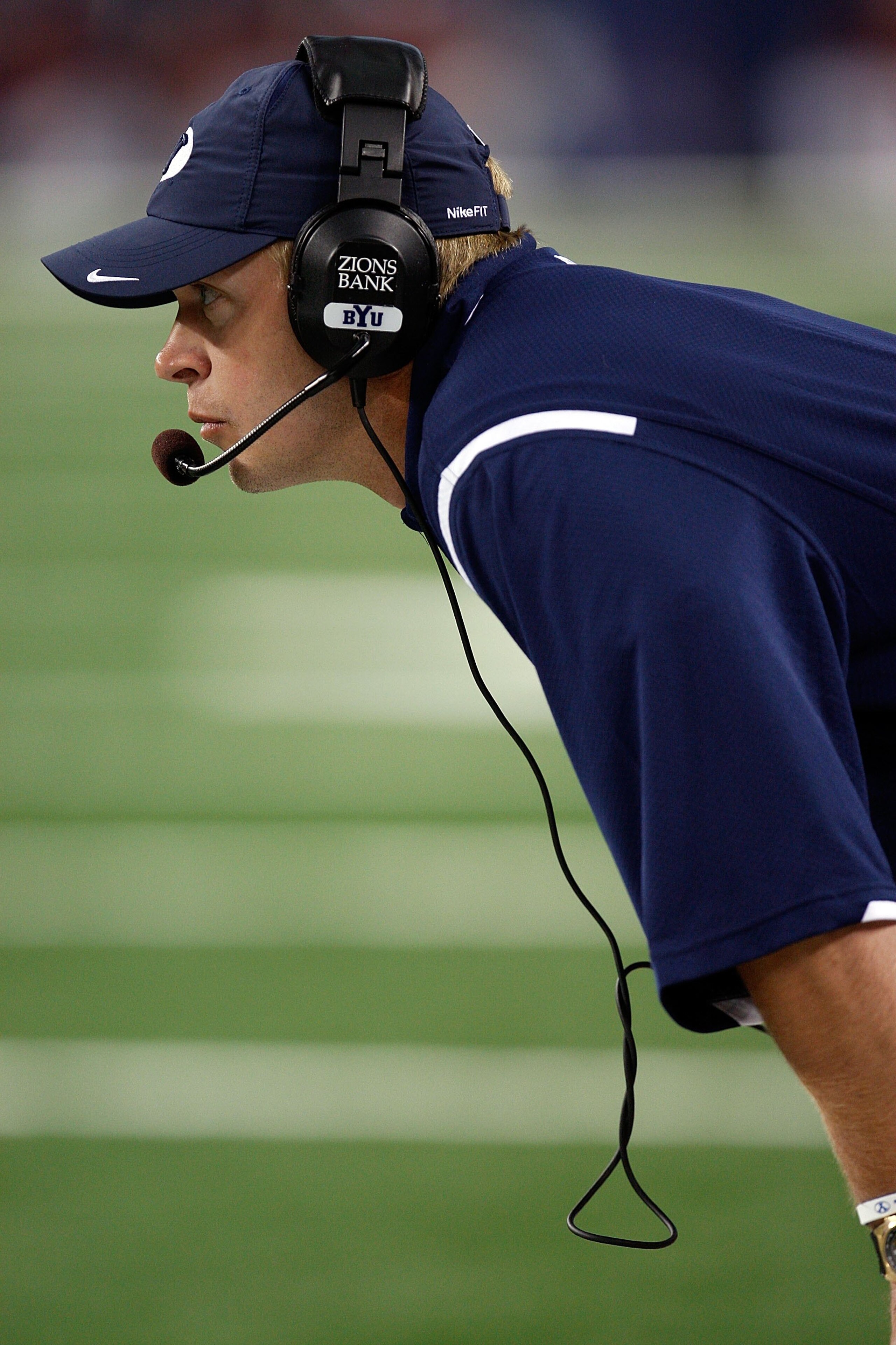 ARLINGTON, TX - SEPTEMBER 05: Head coach Bronco Mendenhall of the Brigham Young Cougars at Cowboys Stadium on September 5, 2009 in Arlington, Texas. (Photo by Ronald Martinez/Getty Images) ARLINGTON, TX - SEPTEMBER 05: Head coach Bronco Mendenhall of the Brigham Young Cougars at Cowboys Stadium on September 5, 2009 in Arlington, Texas. (Photo by Ronald Martinez/Getty Images)