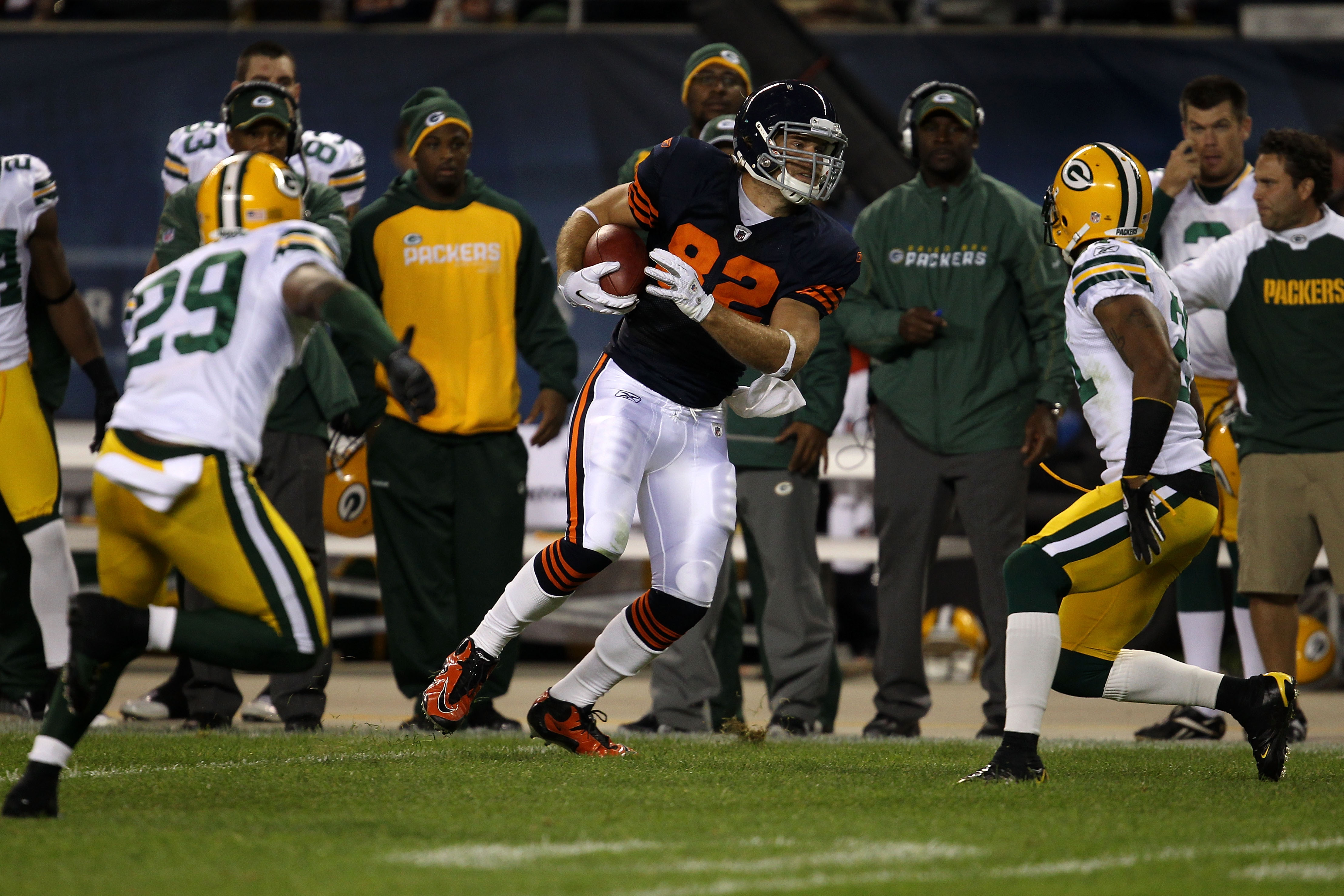 CHICAGO - SEPTEMBER 27: Greg Olsen #82 of the Chicago Bears runs for yards after the catch against Derrick Martin #29 and Charles Woodson #21 of the Green Bay Packers at Soldier Field on September 27, 2010 in Chicago, Illinois. (Photo by Jonathan Daniel CHICAGO - SEPTEMBER 27: Greg Olsen #82 of the Chicago Bears runs for yards after the catch against Derrick Martin #29 and Charles Woodson #21 of the Green Bay Packers at Soldier Field on September 27, 2010 in Chicago, Illinois. (Photo by Jonathan Daniel