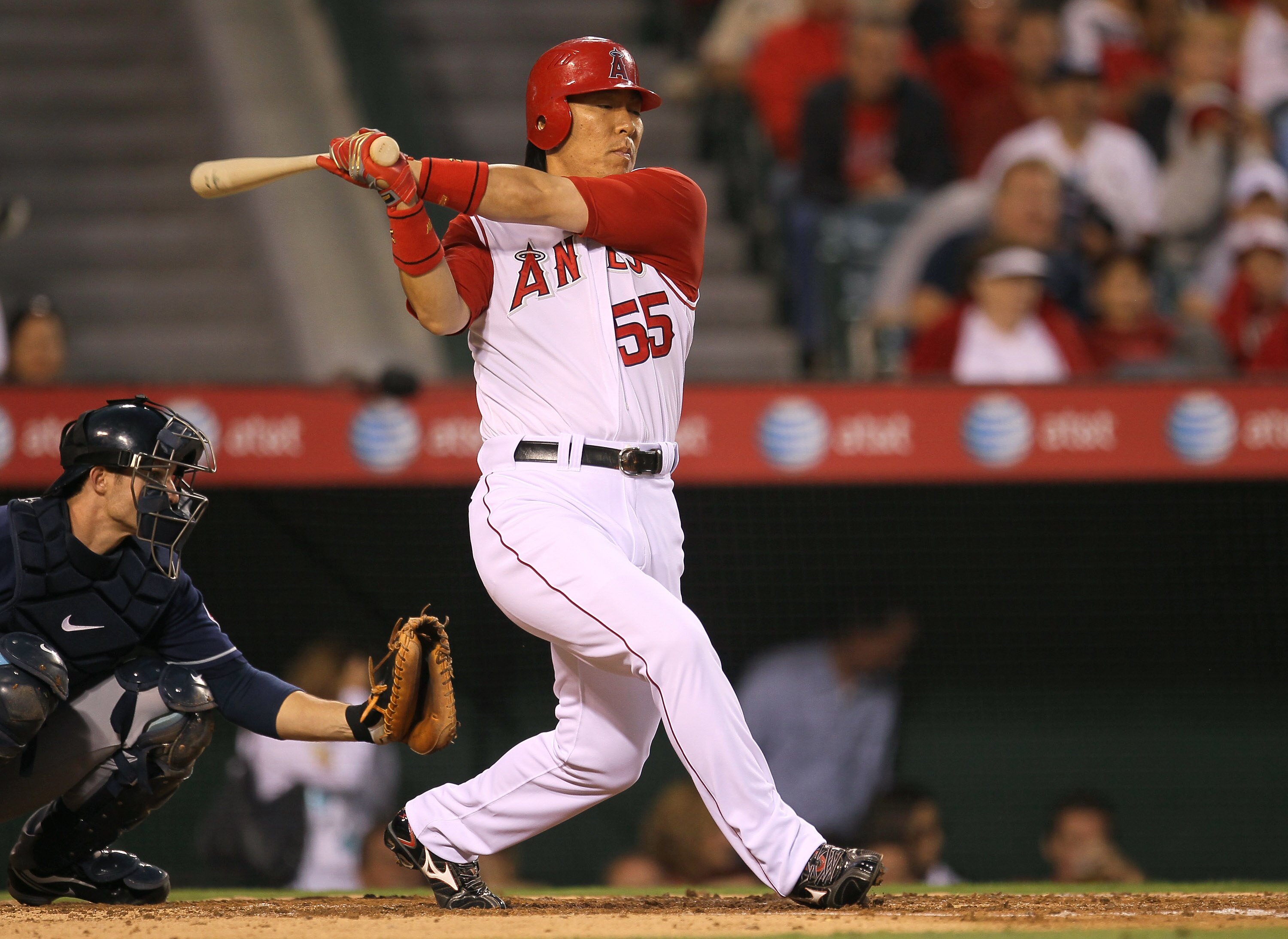 ANAHEIM, CA - SEPTEMBER 06:  Hideki Matsui #55 of the Los Angeles Angels of Anaheim bats against the Cleveland Indians on September 6, 2010 at Angel Stadium in Anaheim, California.  (Photo by Stephen Dunn/Getty Images)