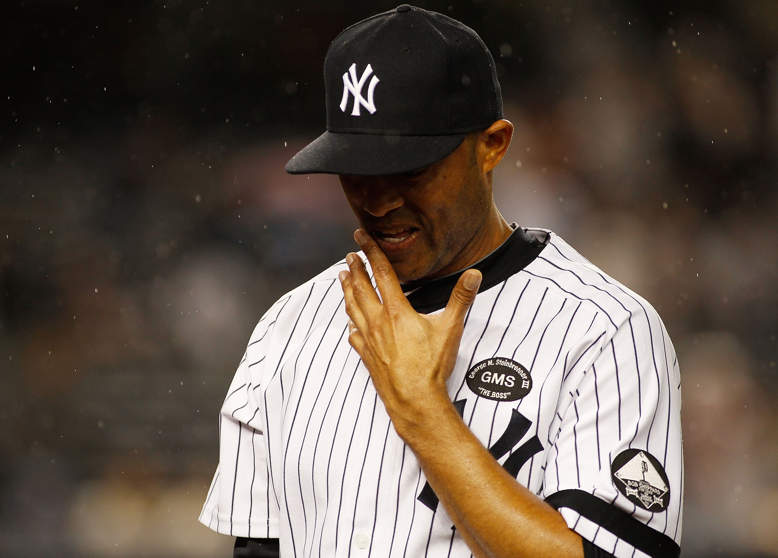 NEW YORK - SEPTEMBER 26:  Mariano Rivera #42 of the New York Yankees walks off the mound after giving up the tying run in the ninth-inning against the Boston Red Sox on September 26, 2010 at Yankee Stadium in the Bronx borough of New York City. The Yankee