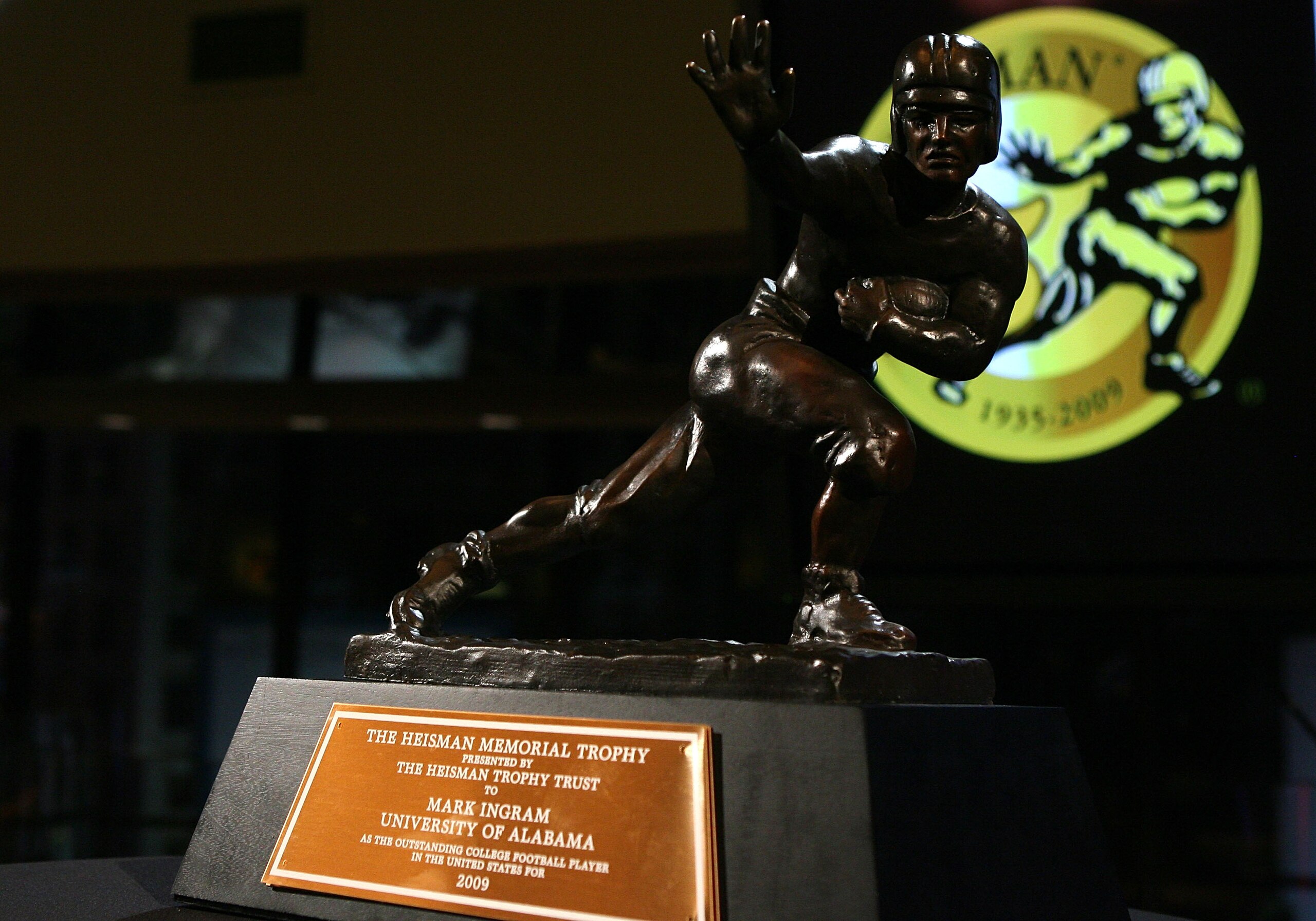 NEW YORK - DECEMBER 12: The Heisman trophy awarded to Running back Mark Ingram #22 of the Alabama Crimson Tide at a press conference after  he was named the 75th Heisman Trophy winner at the Marriott Marquis on December 12, 2009 in New York City.  (Photo