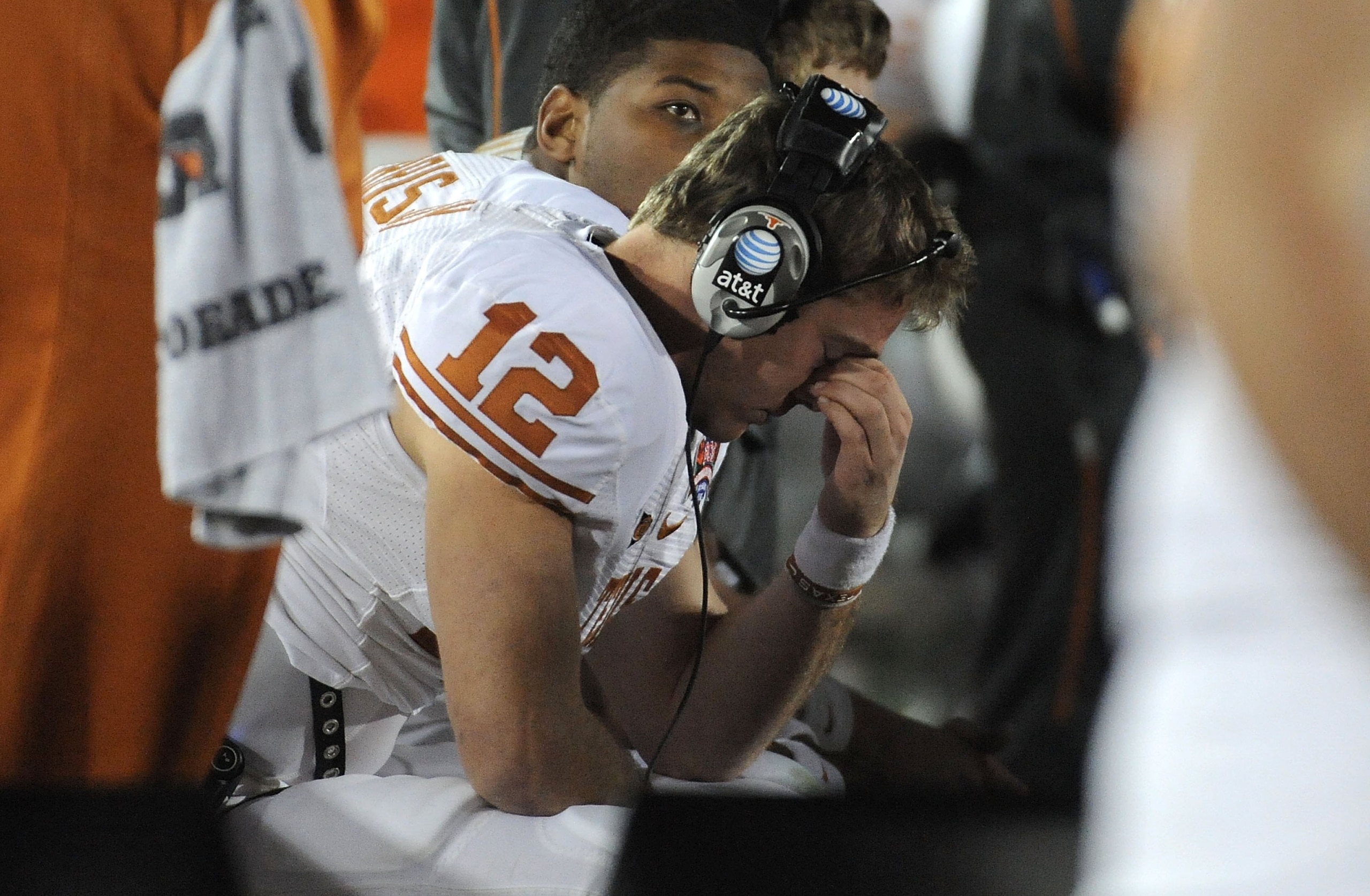 PASADENA, CA - JANUARY 07:  Quarterback Colt McCoy #12 of the Texas Longhorns looks on during the sideline in the fourth quarter against the Alabama Crimson Tide in the Citi BCS National Championship game at the Rose Bowl on January 7, 2010 in Pasadena, C