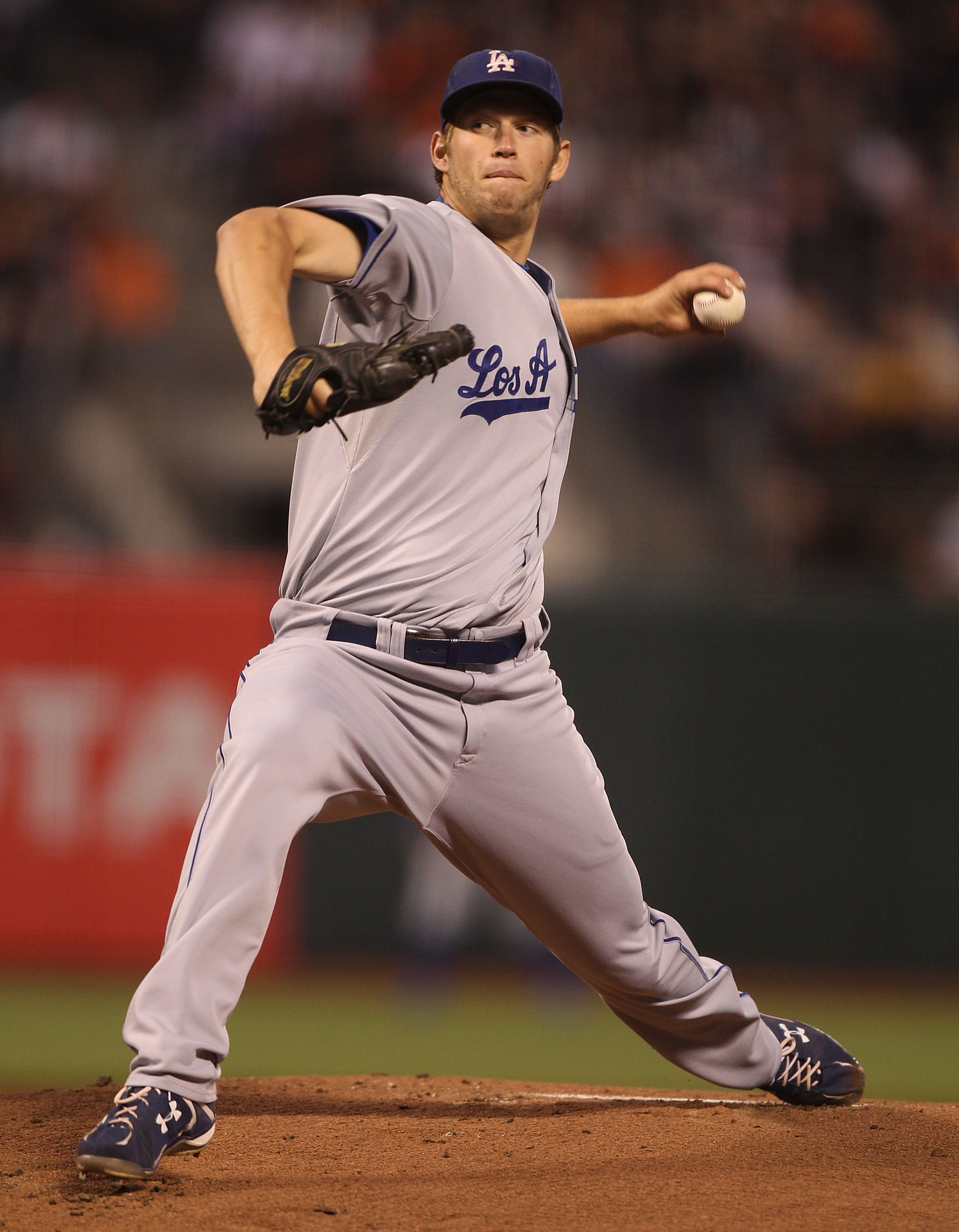 SAN FRANCISCO - SEPTEMBER 14:  Clayton Kershaw #22 of the Los Angeles Dodgers pitches against the San Francisco Giants during a Major League Baseball game at AT&T Park on September 14, 2010 in San Francisco, California. (Photo by Jed Jacobsohn/Getty Image