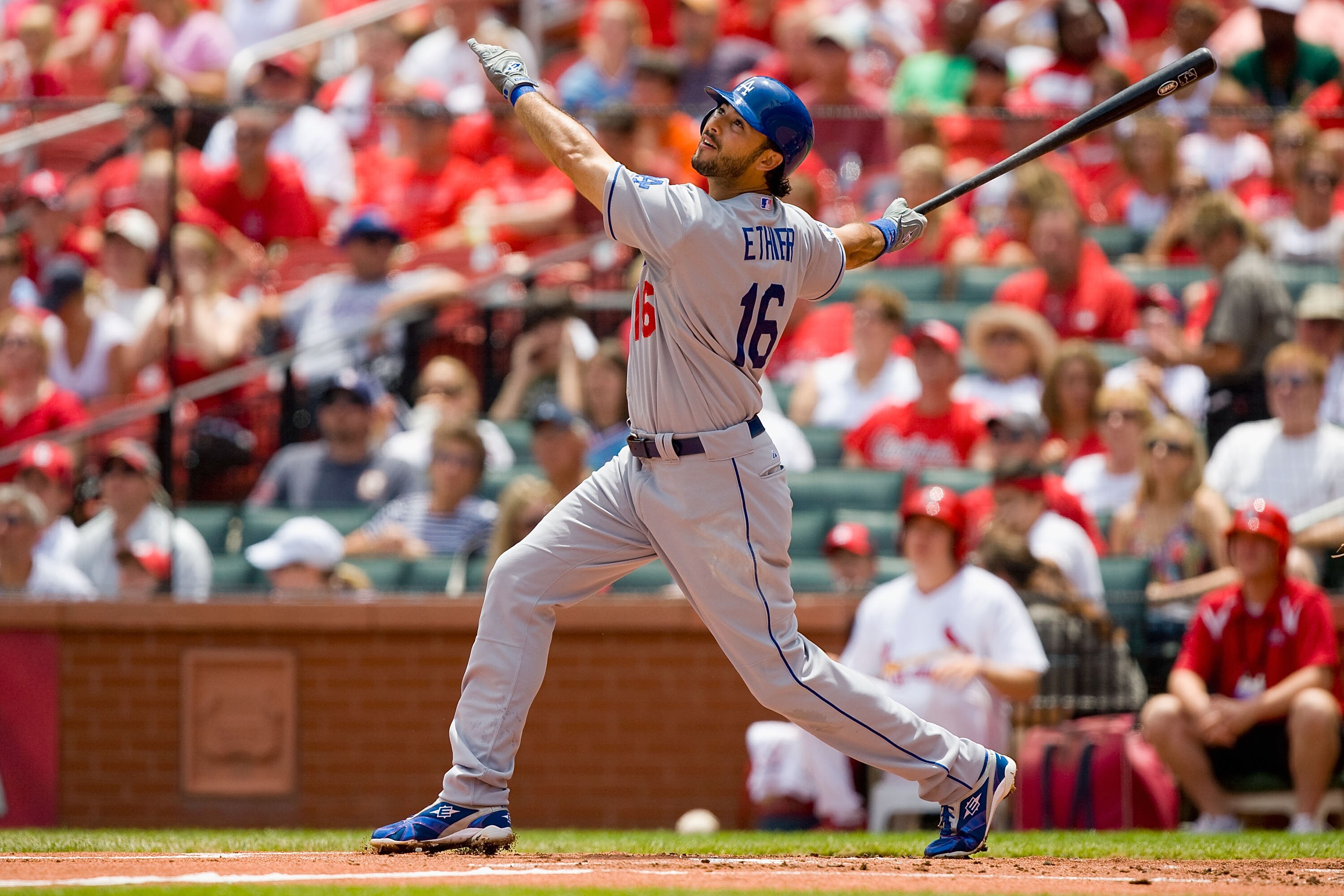 ST. LOUIS - JULY 18: Andre Ethier #16 of the Los Angeles Dodgers in action against the St. Louis Cardinals at Busch Stadium on July 18, 2010 in St. Louis, Missouri.  (Photo by Dilip Vishwanat/Getty Images)