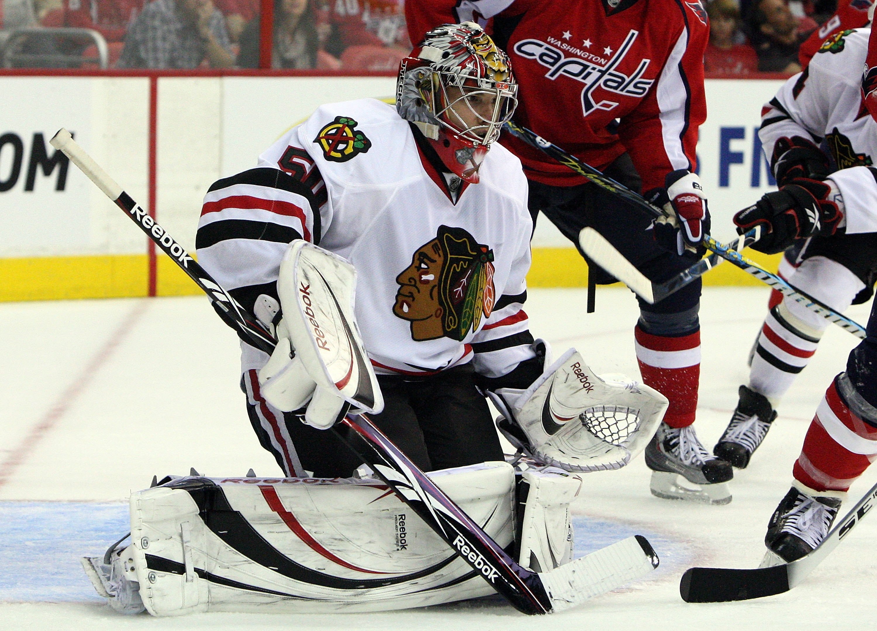 WASHINGTON DC, DC - SEPTEMBER 23:  Corey Crawford #50 of the Chicago Blackhawks defends his net against the Washington Capitals during their preseason game on September 23, 2009 at the Verizon Center in Washington, DC.  (Photo by Jim McIsaac/Getty Images)