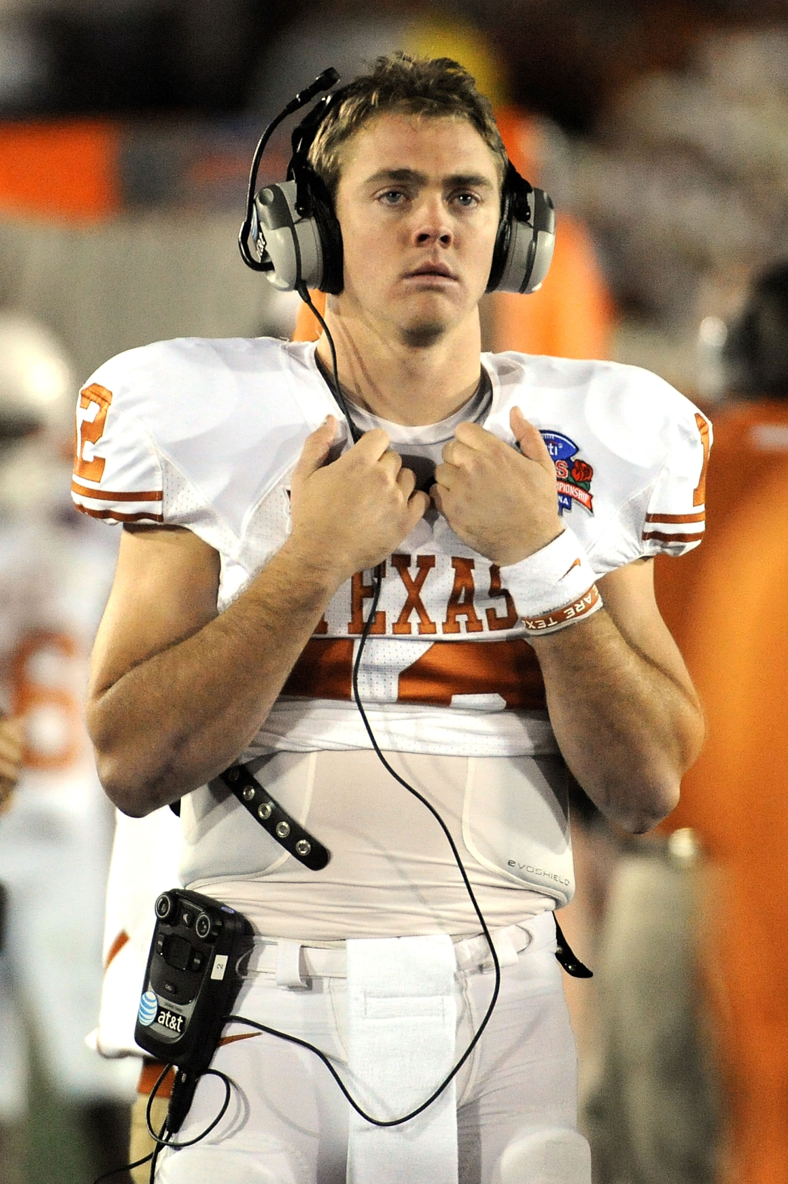 PASADENA, CA - JANUARY 07:  Quarterback Colt McCoy #12 of the Texas Longhorns looks on during the sideline in the fourth quarter against the Alabama Crimson Tide in the Citi BCS National Championship game at the Rose Bowl on January 7, 2010 in Pasadena, C