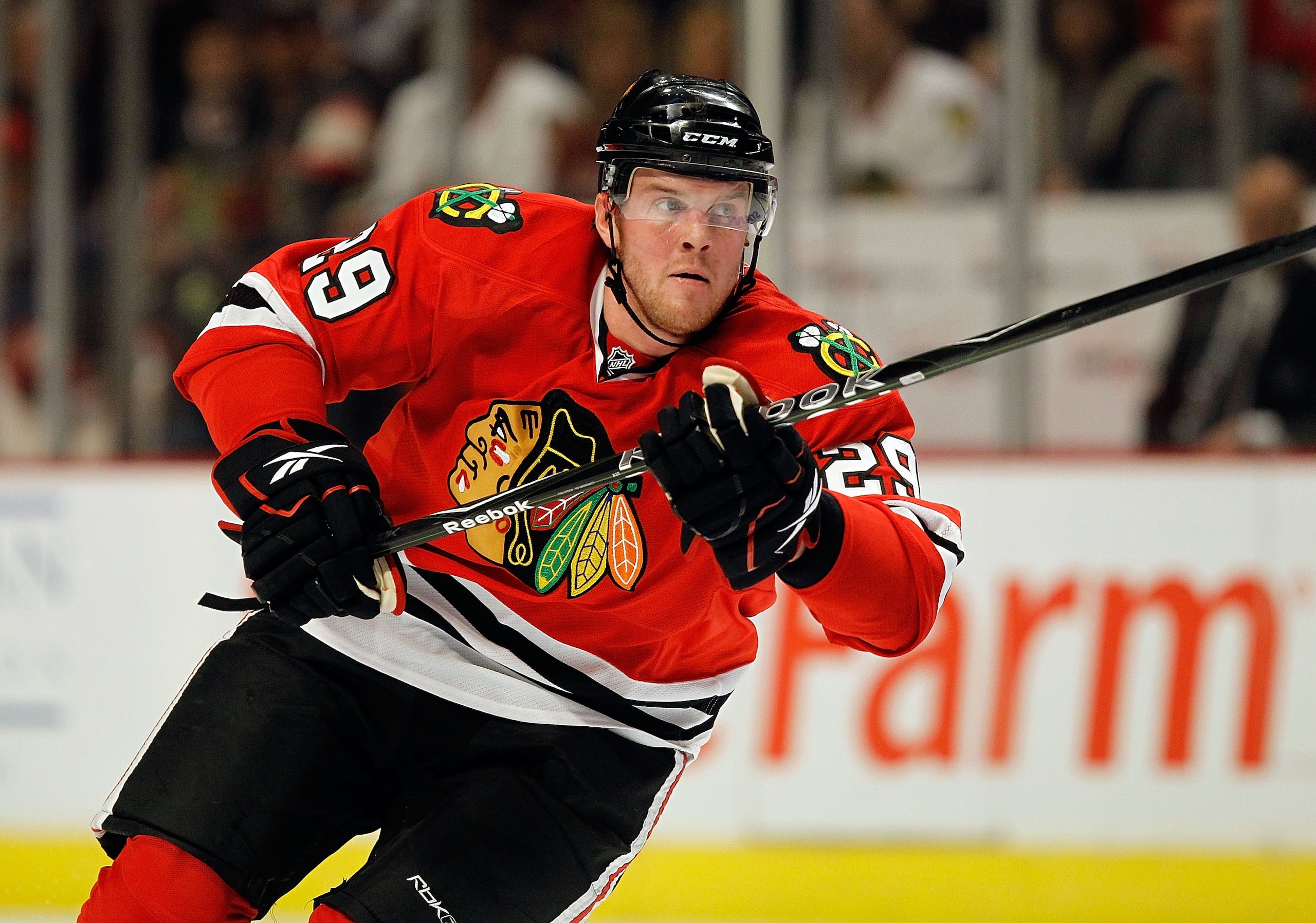 CHICAGO - APRIL 24: Bryan Bickell #29 of the Chicago Blackhawks skates up the ice against the Nashville Predators in Game Five of the Western Conference Quarterfinals during the 2010 NHL Stanley Cup Playoffs at the United Center on April 24, 2010 in Chica